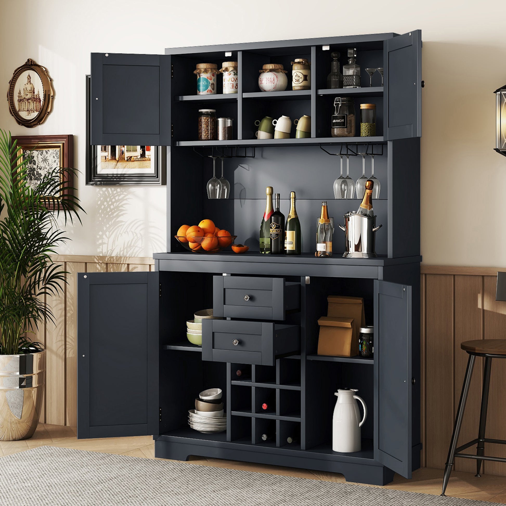 Coffee Bar Cabinet Kitchen Cabinet With Storage, Farmhouse Wine Cabinet With Drawers Shelves And Cabinets, Buffet Cabinet Wine & Glass Racks For Dining Room, Kitchen, Dark Blue Antique Blue Particle