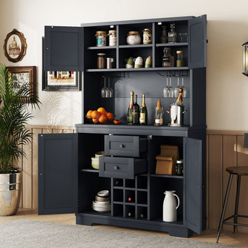 Coffee Bar Cabinet Kitchen Cabinet With Storage, Farmhouse Wine Cabinet With Drawers Shelves And Cabinets, Buffet Cabinet Wine & Glass Racks For Dining Room, Kitchen, Dark Blue Antique Blue Particle