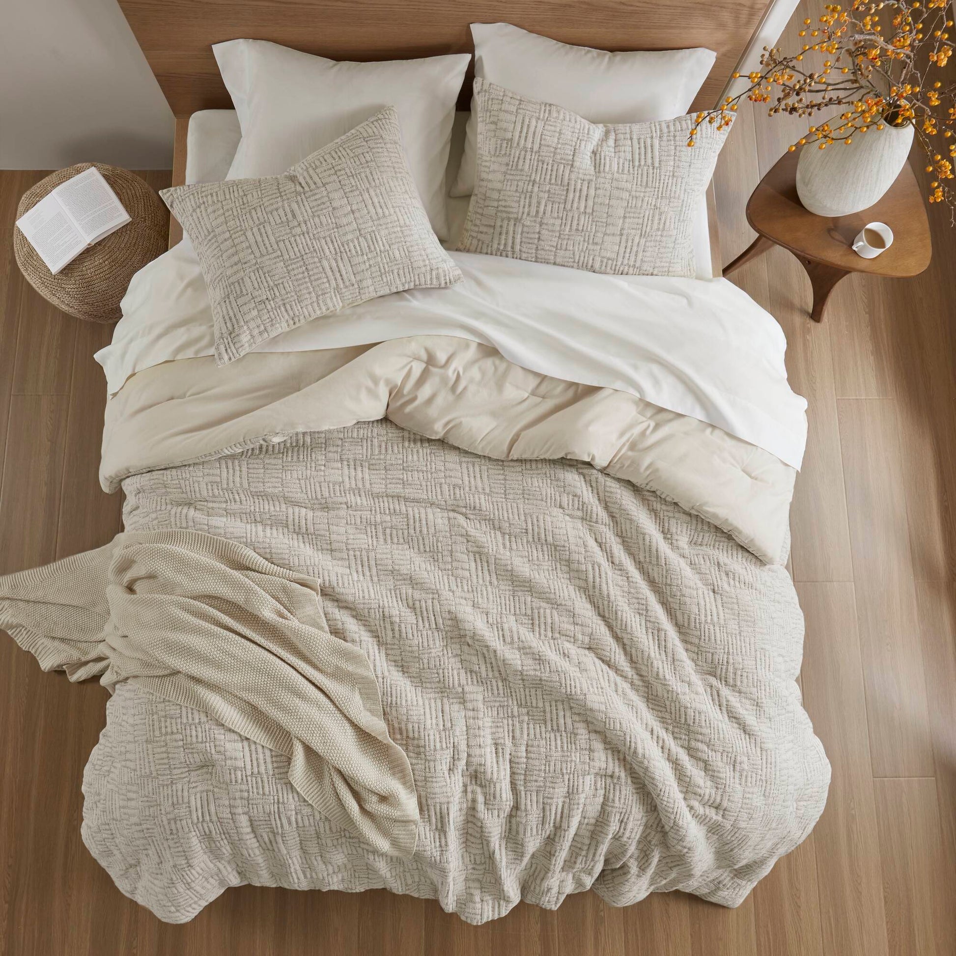 3 Piece Oversized Cotton Matelasse Comforter Set Full Queen Beige Polyester