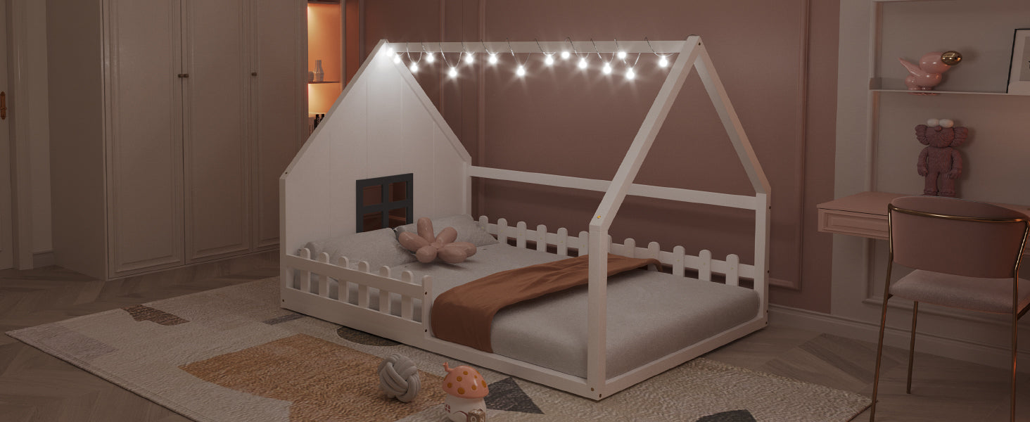 Full Size Wood House Bed With Window And Fence, White Old Sku: Wf304147Aak Box Spring Not Required Full White Wood Bedroom Pine Bed Frame Solid Wood Mdf