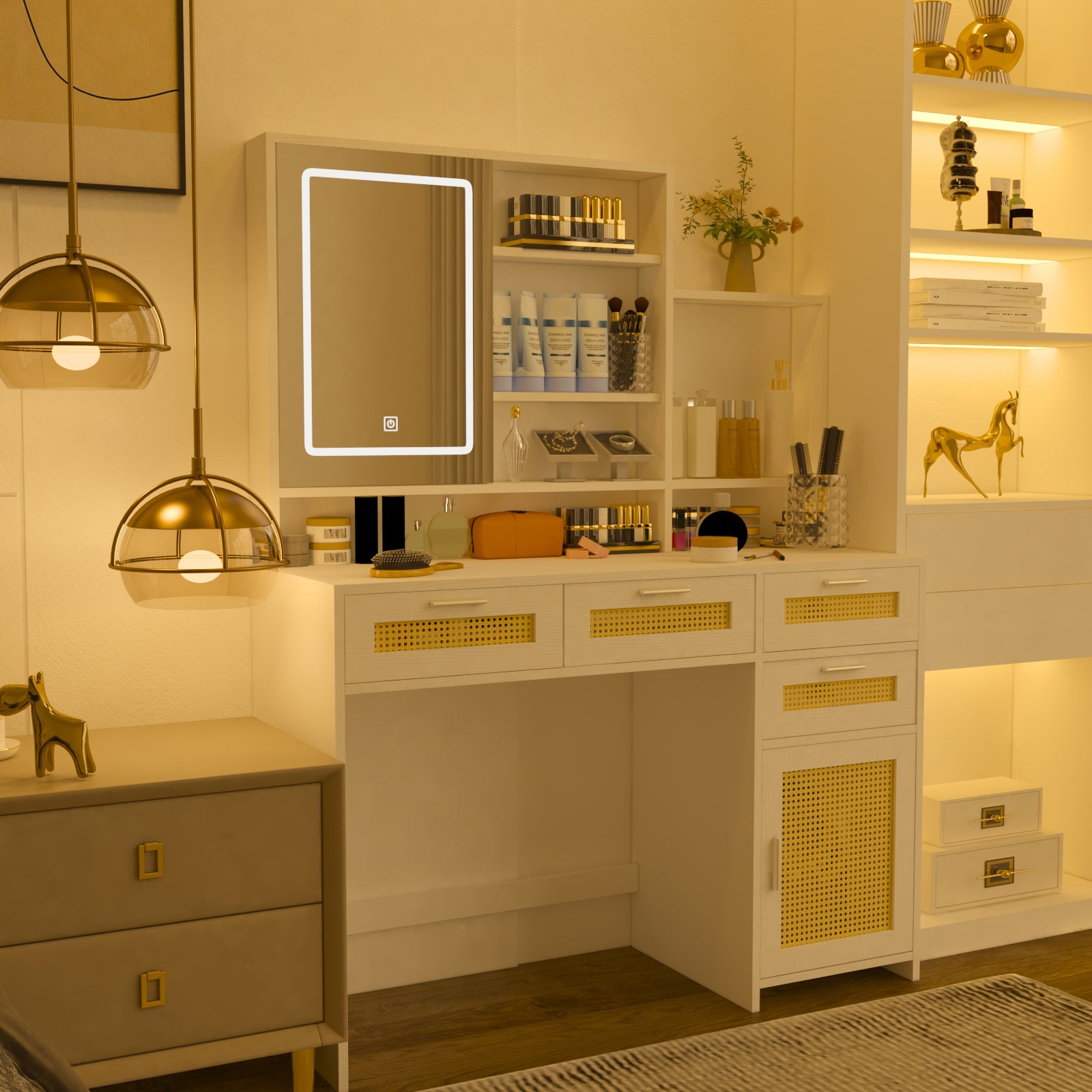 Makeup Vanity With Lights In 3 Colors & Openable Mirror, Vanity Desk With 4 Drawers & 1 Cabinets & Shelves, Vanity Table Rattan Vanity Dresser, For Bedroom Sliding White Drawer 3 Drawers Bedroom Extra Deep Drawers Mdf