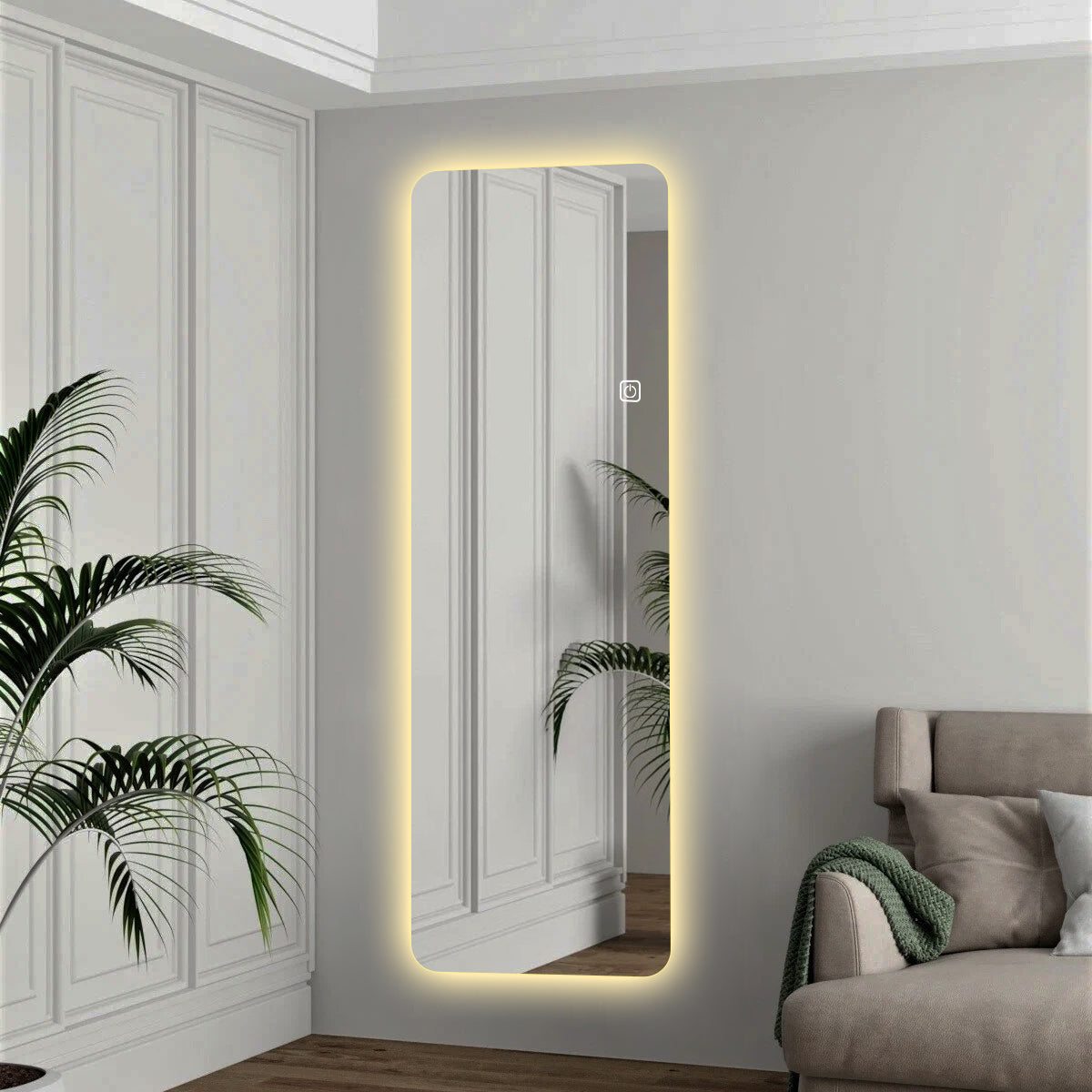 65X22Inch Full Body Mirror With Lights Full Length Mirror Wall Hanging Type Suitable For Bedrooms, Dimming And 3 Color Lighting Silver Modern Glass