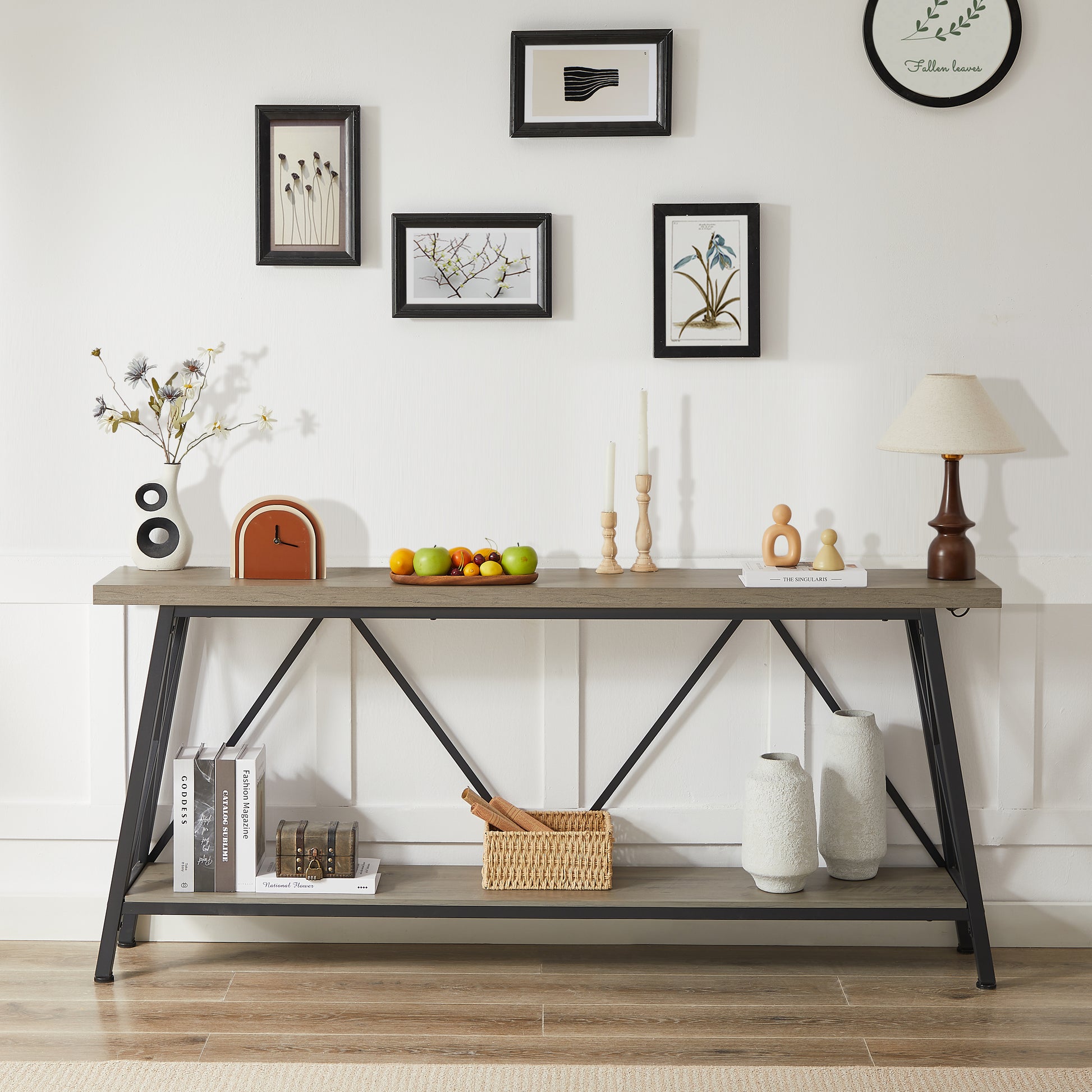 70.9 Inch Extra Long Sofa Table, Console Behind Sofa, Entryway Table With 2 Tier Storage Shelves For Hallways, Living Rooms,Foyers,Entryways,Banquet Rooms,Rustic Gray And Black, 70.9 L X 11.8"W X