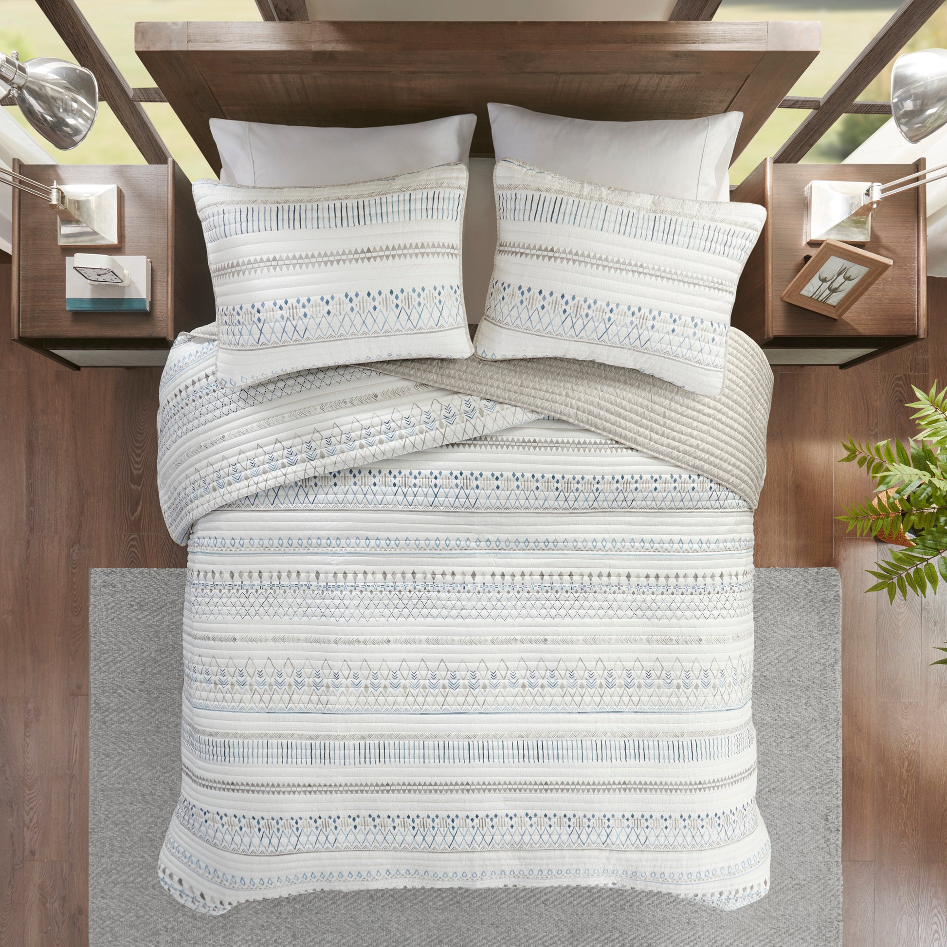3 Piece Printed Microfiber Seersucker Quilt Set Taupe Blue King Cal King King Taupe Blue Polyester