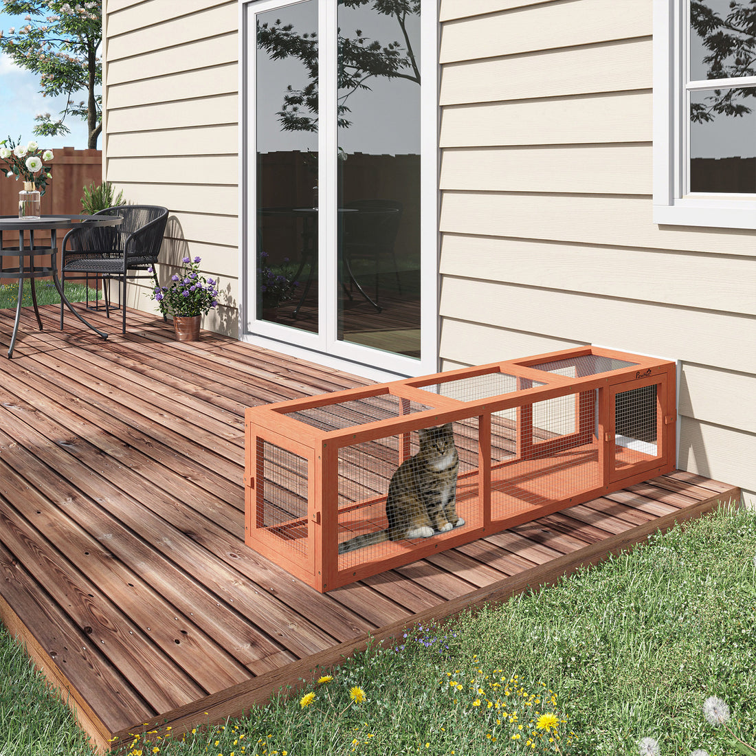 Pawhut Outdoor Cat Tunnel With Extendable Design, 59" L Wooden Cat Run With Weather Protection, Connecting Inside And Outside, For Deck Patios, Balconies, Orange Orange Wood