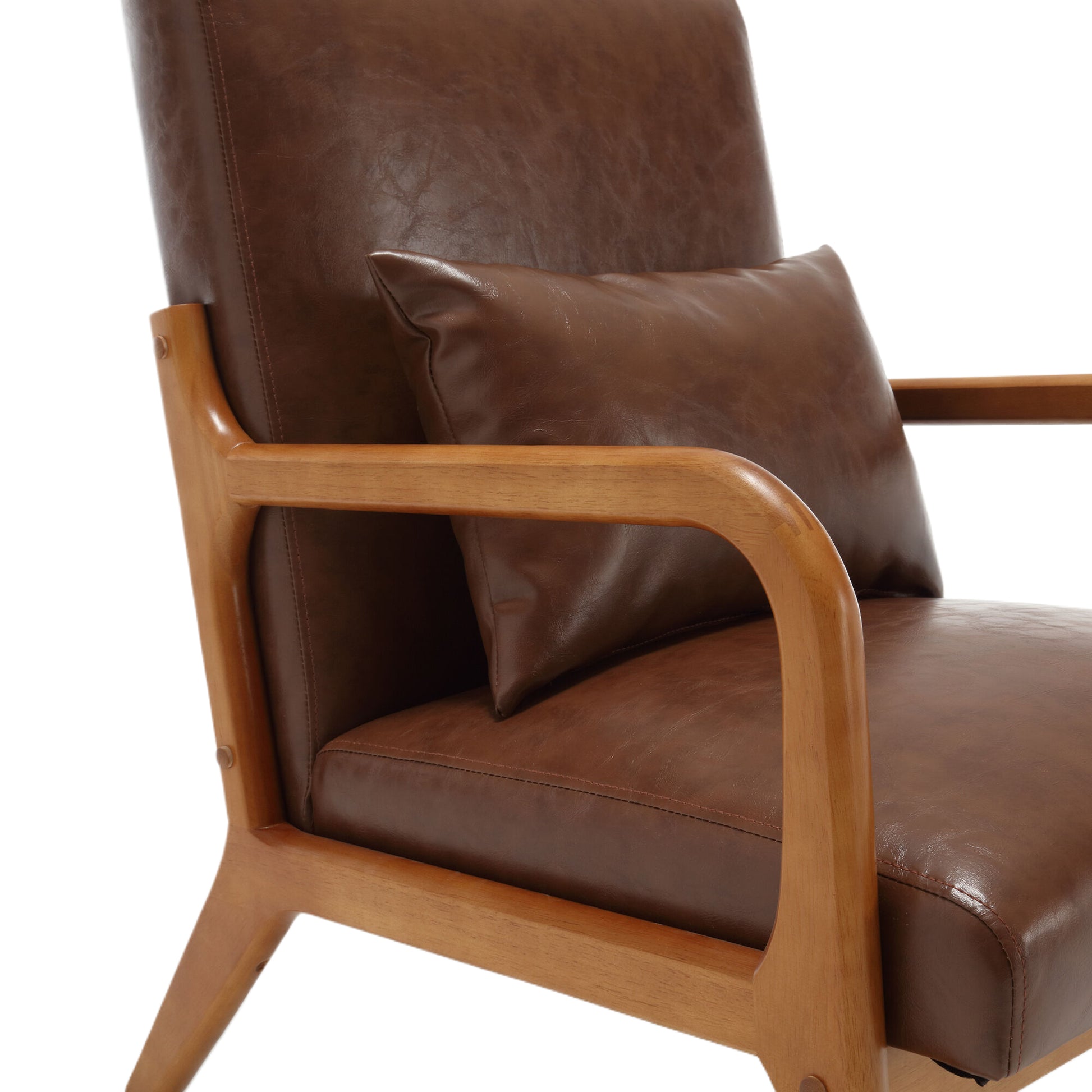 Coolmore Modern Accent Chair, Solid Wood Padding Lounge Armchairs With One Pillow For Living Room, Bedroom, Guest Room Brown Pu Brown Pu Brown Primary Living Space Modern Rubberwood Foam Pu Leather