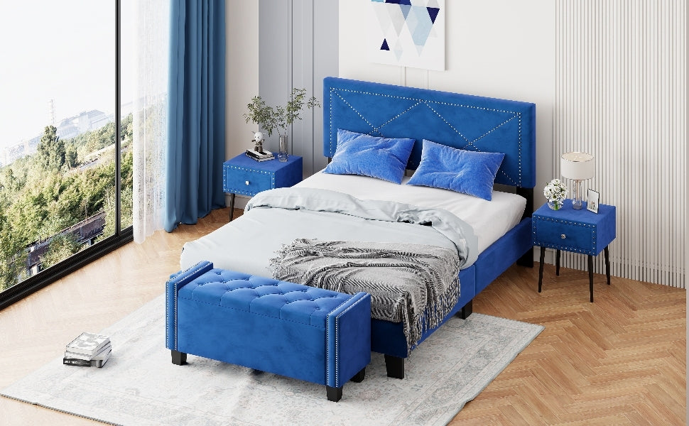 4 Pieces Bedroom Sets Queen Size Upholstered Bed Frame With Rivet Design,Nightstands And Tufted Storage Ottoman,Blue Box Spring Not Required Queen Blue 4 Piece Set Solid Wood Mdf