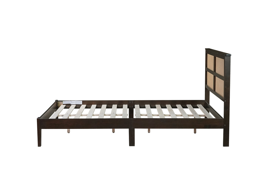 Queen Size Rubber Wooden, Solid Wooden Bed With Rattan Headboard, Enhanced By Support Feet,Espresso Queen Espresso Rubber Wood