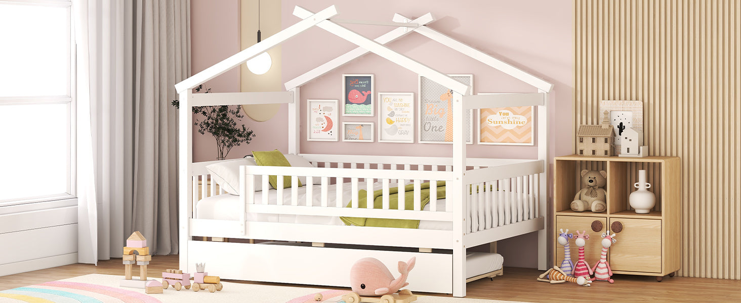 Full Size Wooden House Bed With Twin Size Trundle, White Full White Solid Wood Mdf