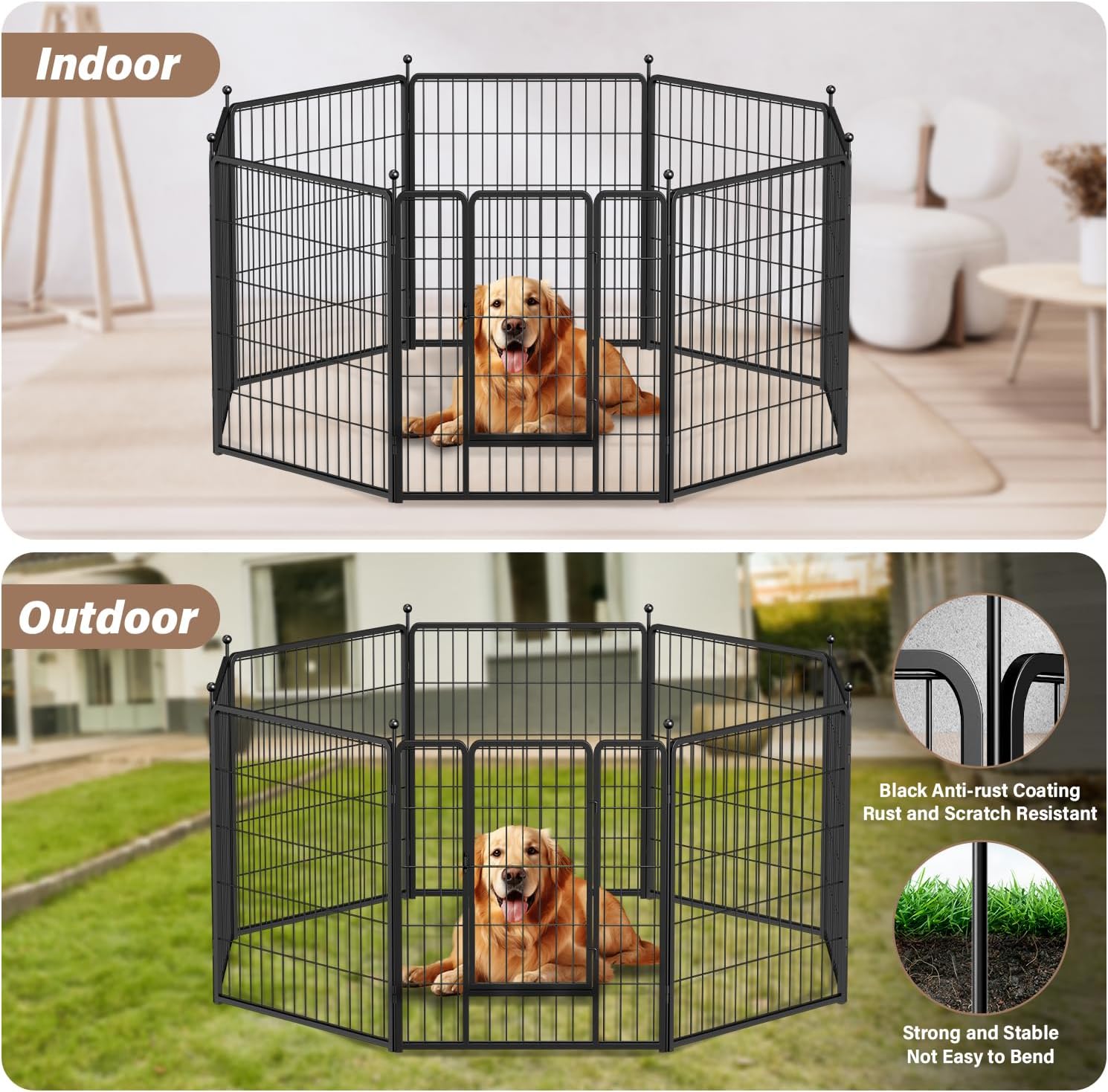 Dog Playpen Indoor, Puppy Playpen Indoor For Yard, Camping, 32" Height 8 Panels Heavy Duty Dog Pen For Small Medium Dogs, Black Black Metal