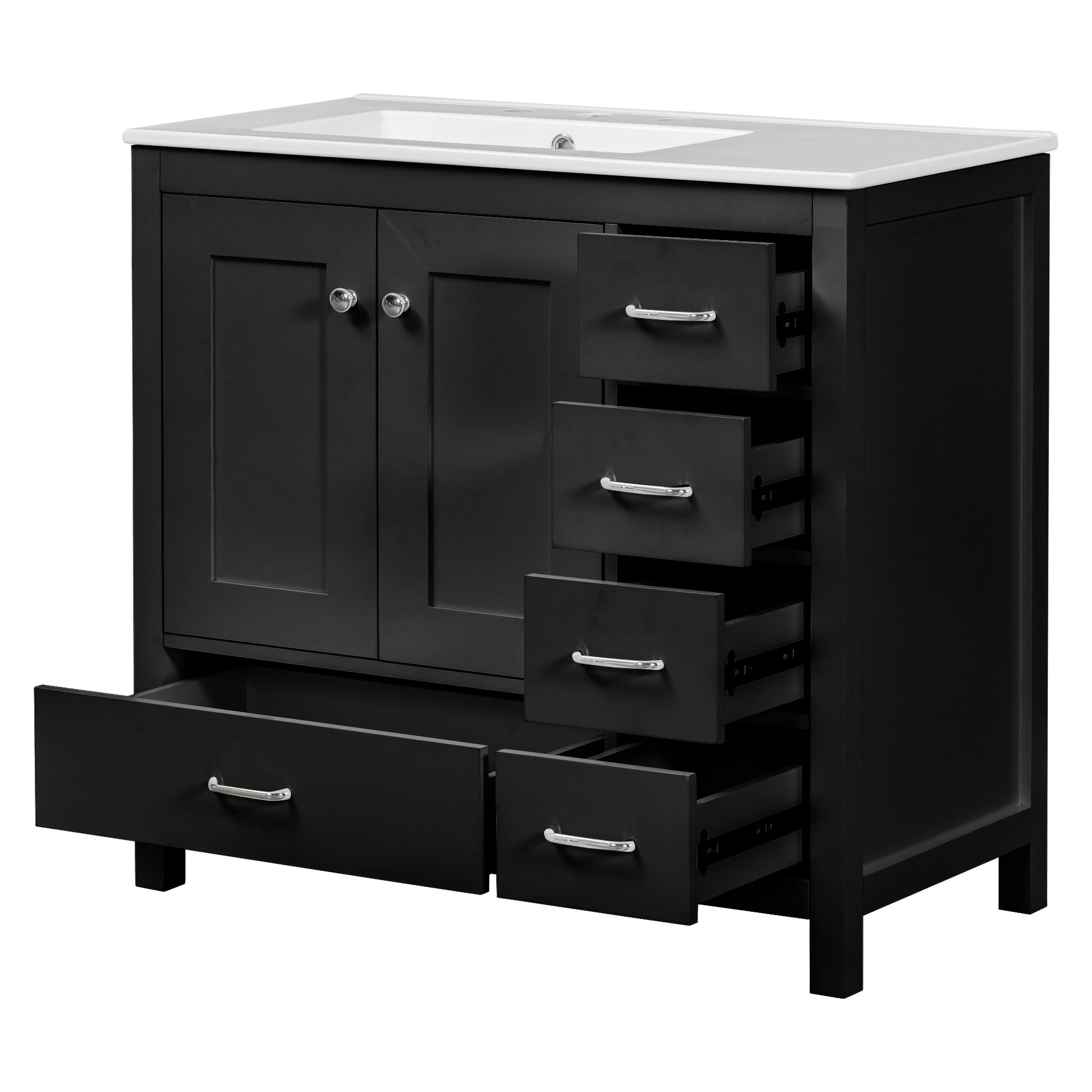36" Black Bathroom Vanity With Ceramic Sink Combo, Abundant Storage Cabinet 2 Soft Close Doors And 5 Drawers Black Bathroom Solid Wood Mdf
