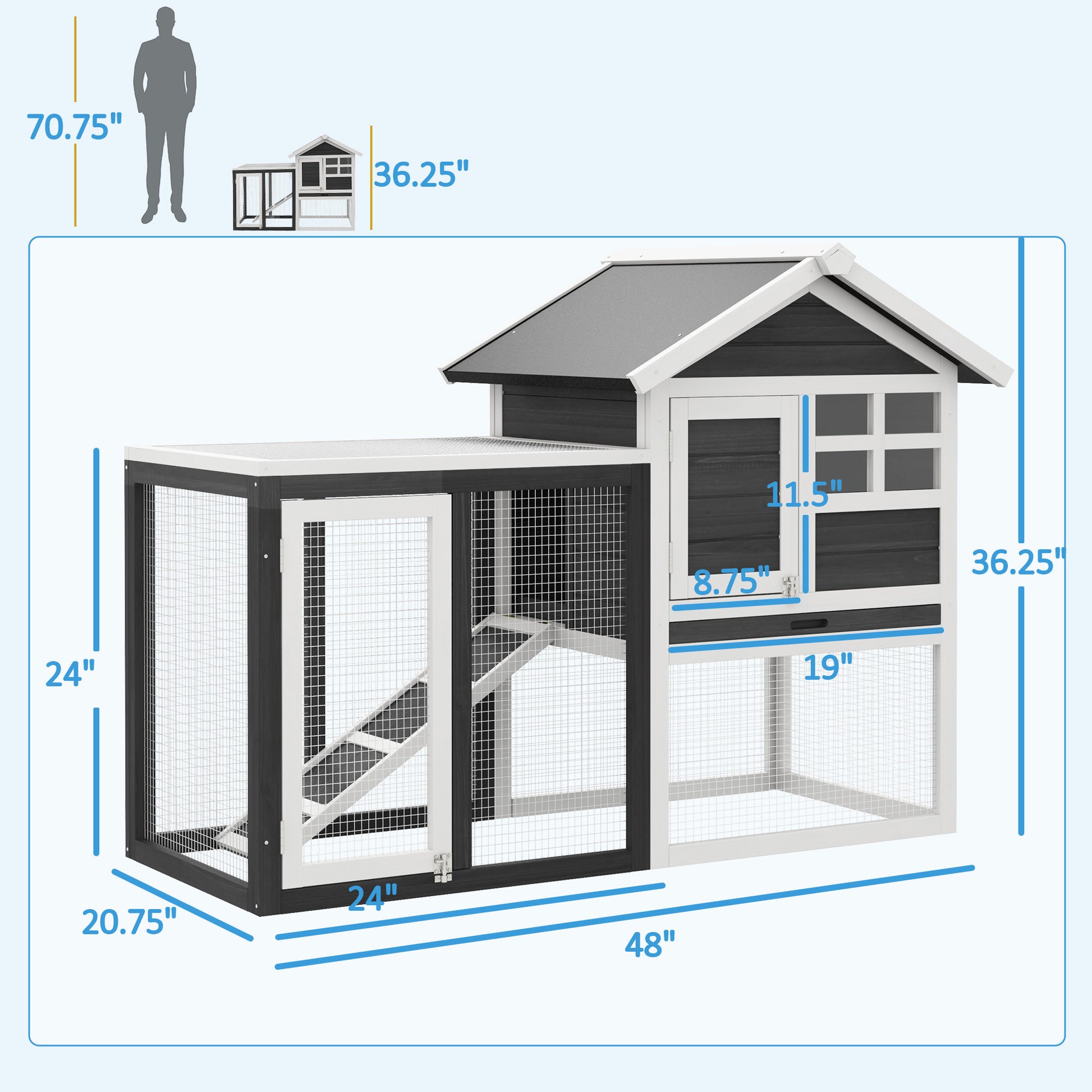 Pawhut 48" Wooden Rabbit Hutch Bunny Cage With Waterproof Asphalt Roof, Fun Outdoor Run, Removable Tray And Ramp, Grey Grey White Wood