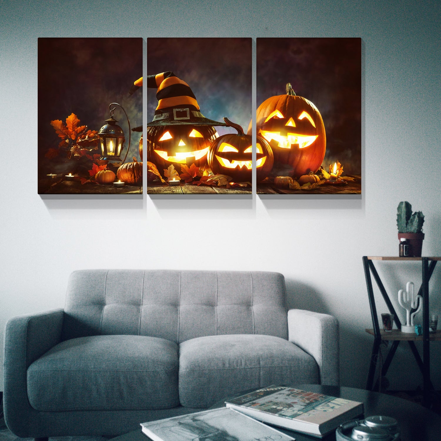 3 Piece Canvas Wall Art Halloween Pumpkin Lantern Painting Artwork For Home Wall Decor,Stretched And Framed Ready To Hang 2432Inch Thickness 1.5Inch Multicolor Halloween Canvas