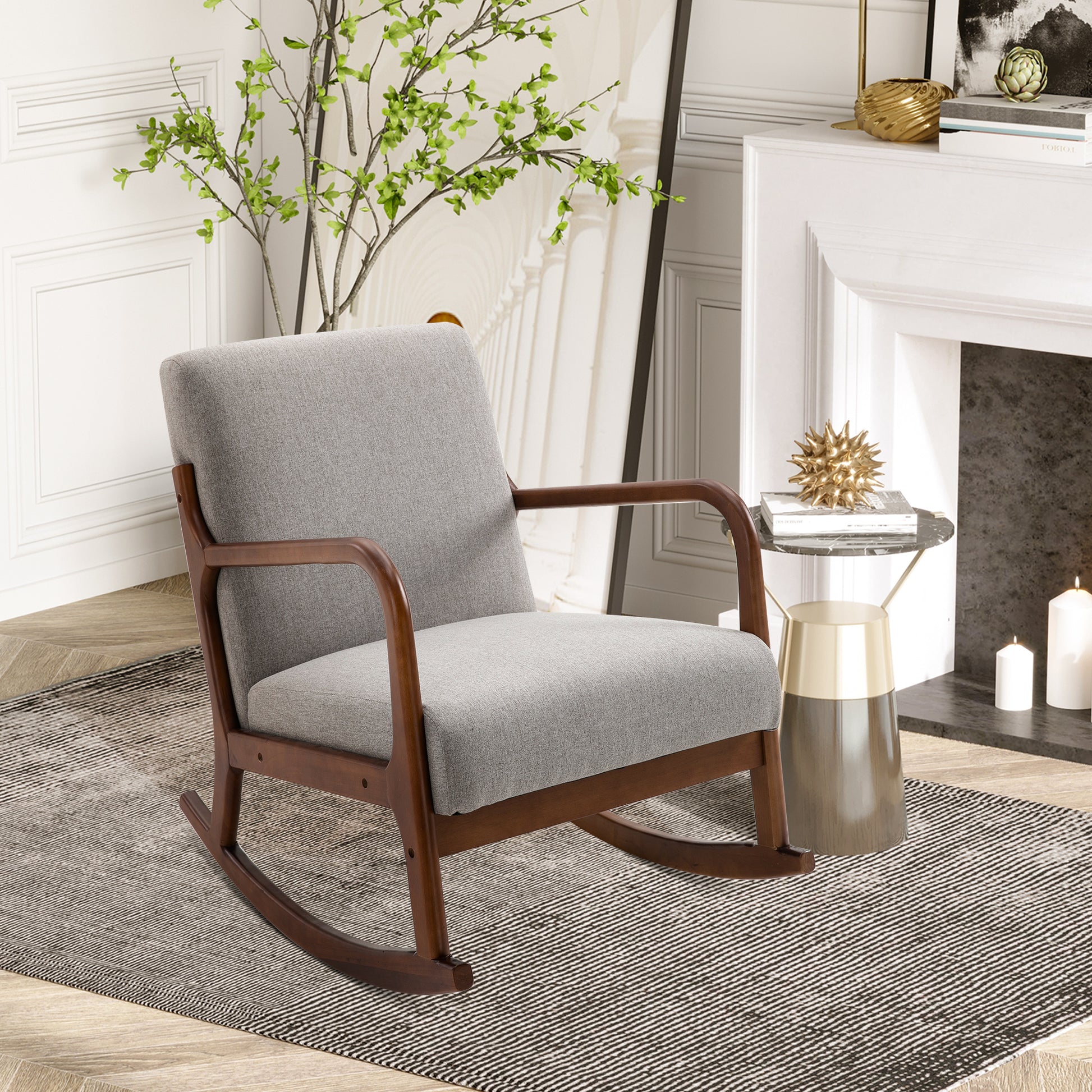 Homcom Upholstered Rocking Armchair With Wood Base And Linen Fabric Padded Seat For Living Room, Grey Grey Linen