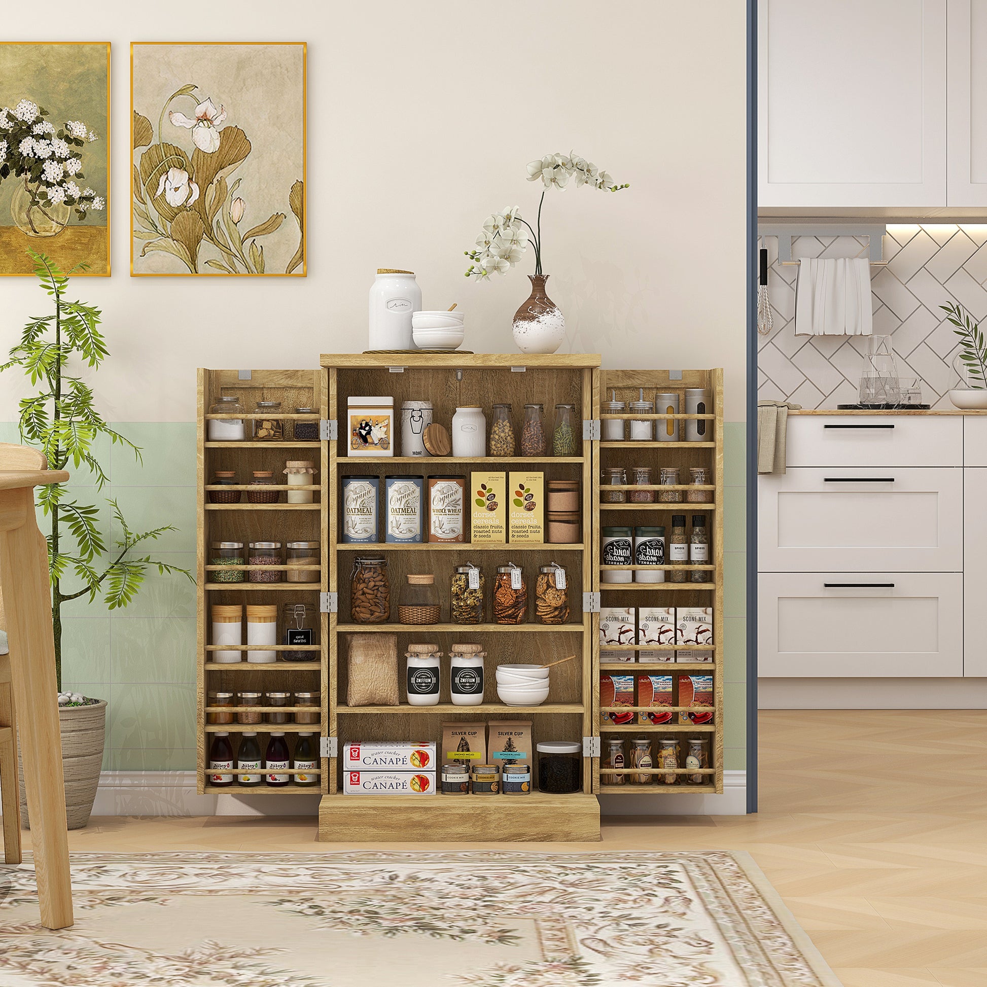 Homcom 41" Kitchen Pantry Storage Cabinet, Freestanding Kitchen Cabinet With 12 Door Shelves, Double Doors, 5 Tier Shelving And Adjustable Shelves, Natural Natural Wood Mdf