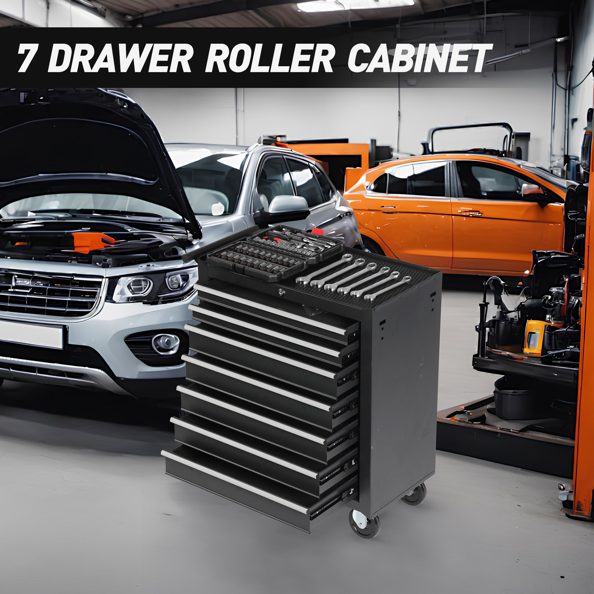 Rolling Tool Chest With 7 Drawer Tool Box With Wheels Multifunctional Tool Cart Mechanic Tool Storage Cabinet For Garage, Warehouse, Workshop, Repair Shop Black Steel