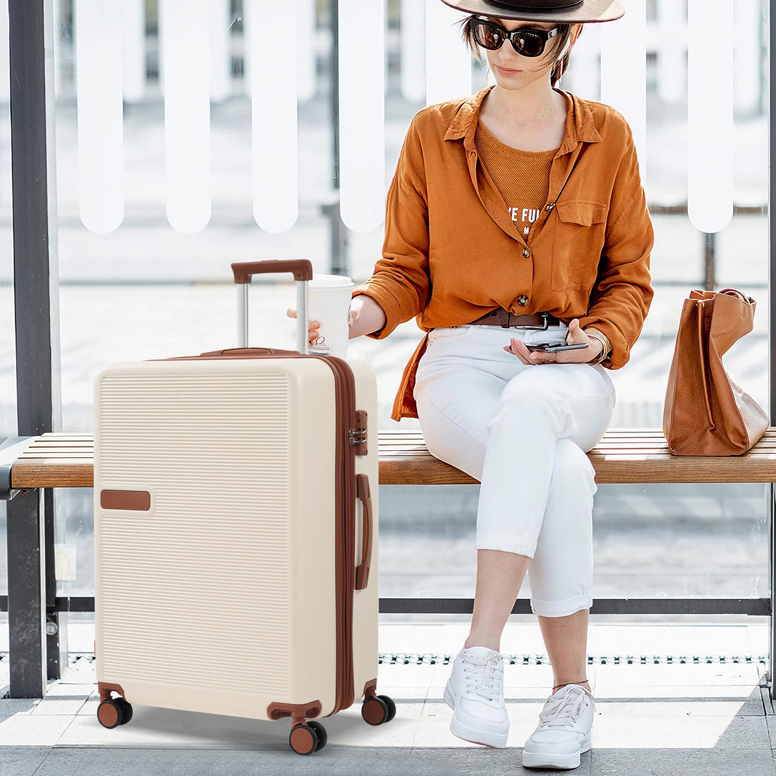 Hardshell Luggage Sets 3 Pcs Contrast Color Suitcase With Spinner Wheels And Tsa Lock 20" 24" 28" Available Brown White Abs