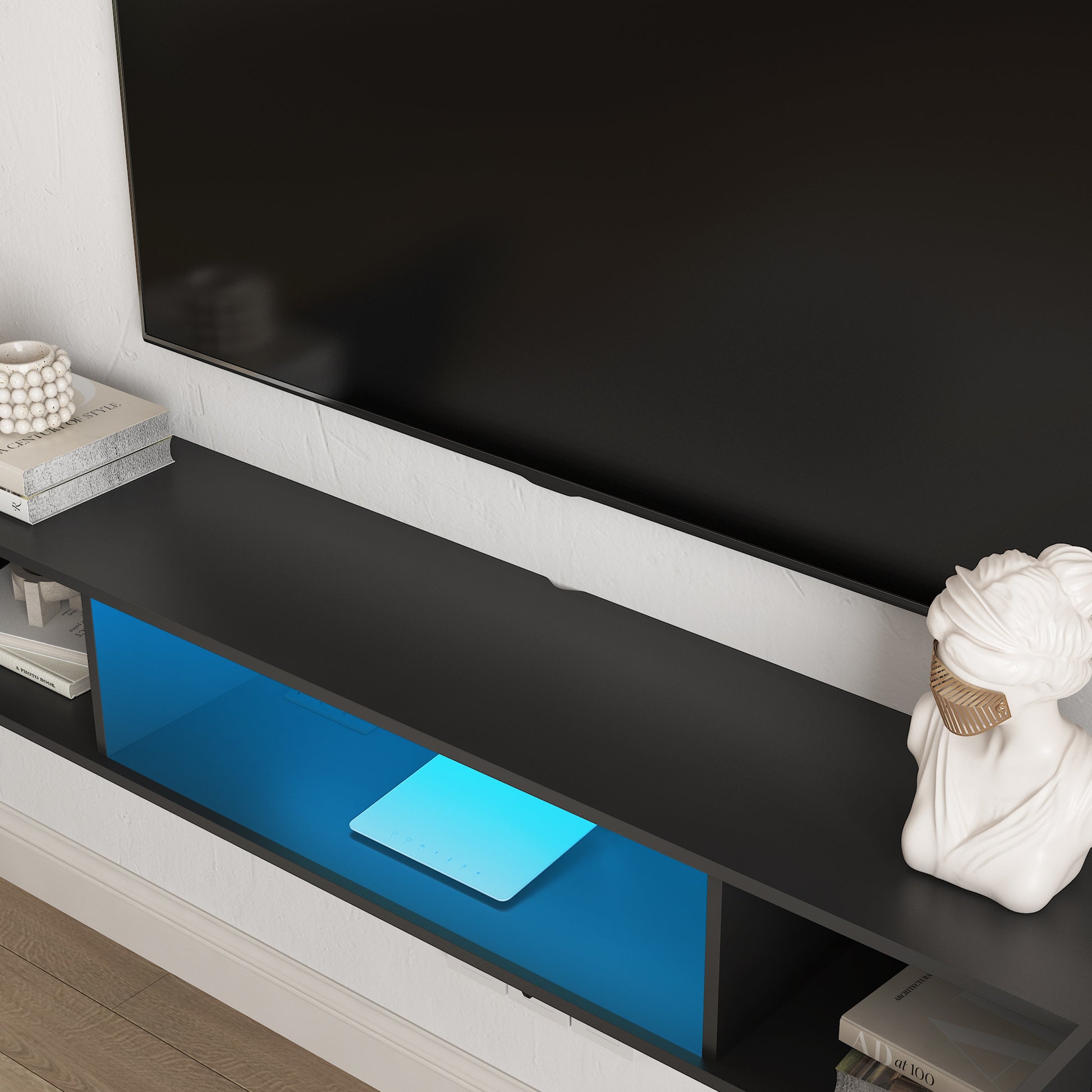 Floating Tv Stand Wall Mounted With 16 Color Leds,69" Modern Tv Stand, Floating Tv Cabinet Entertainment Center For 55 60 65 Inch Tv,Black Black 60 69 Inches Mdf
