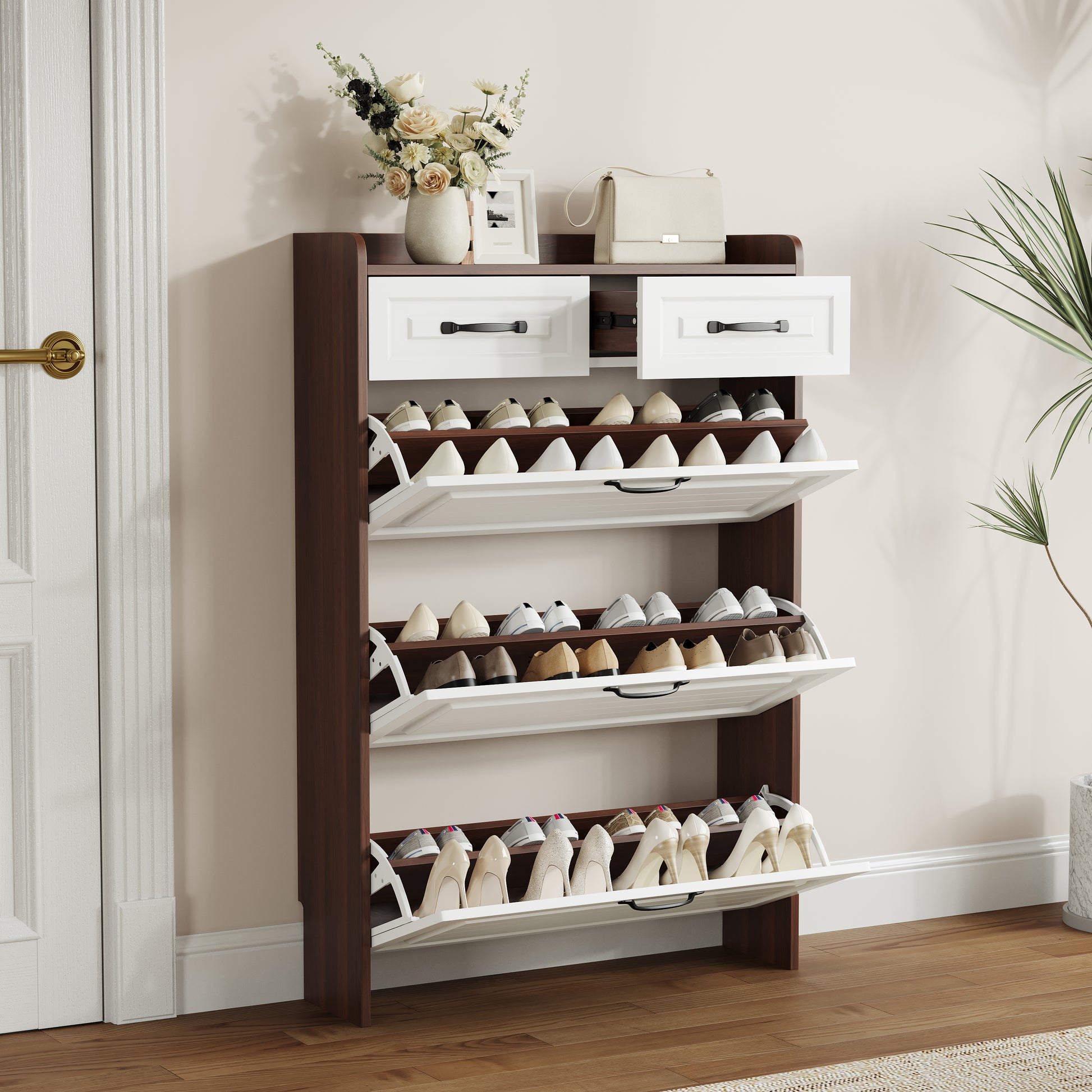 1250 Walnut Colored Shoe Cabinet, 3 Doors And 2 Drawers, Pvc Door Design, Large Storage Space Freestanding Walnut Primary Living Space Adjustable Shelves Classic Wood Particle Board Mdf