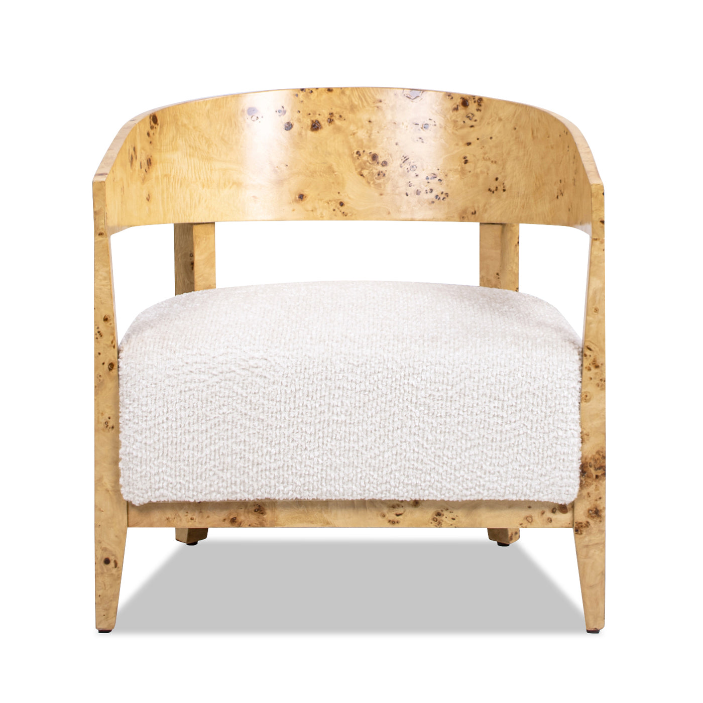 Madrid 26.5" Burl Wood Barrel Accent Arm Chair, Seashell White Chenille White Natural Foam Chenille