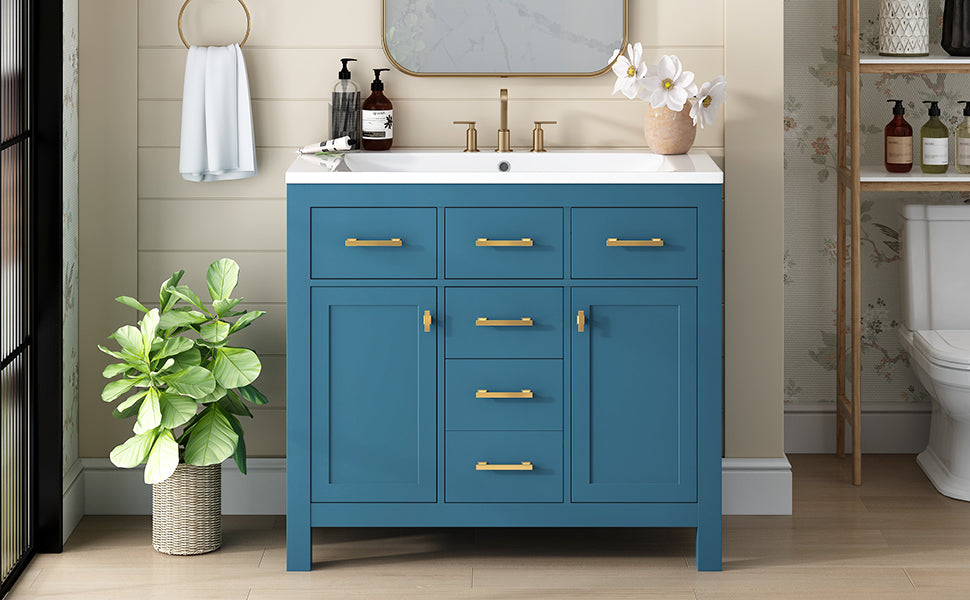 36'' Bathroon Vanity With Resin Sink Combo Set,Modern Freestanding Single Bathroom Cabinet With 4 Drawers & 2 Cabinets,Storage Cabinet For Bathroom, Solid Wood Frame Vanity Set Same As Sw000130Aac