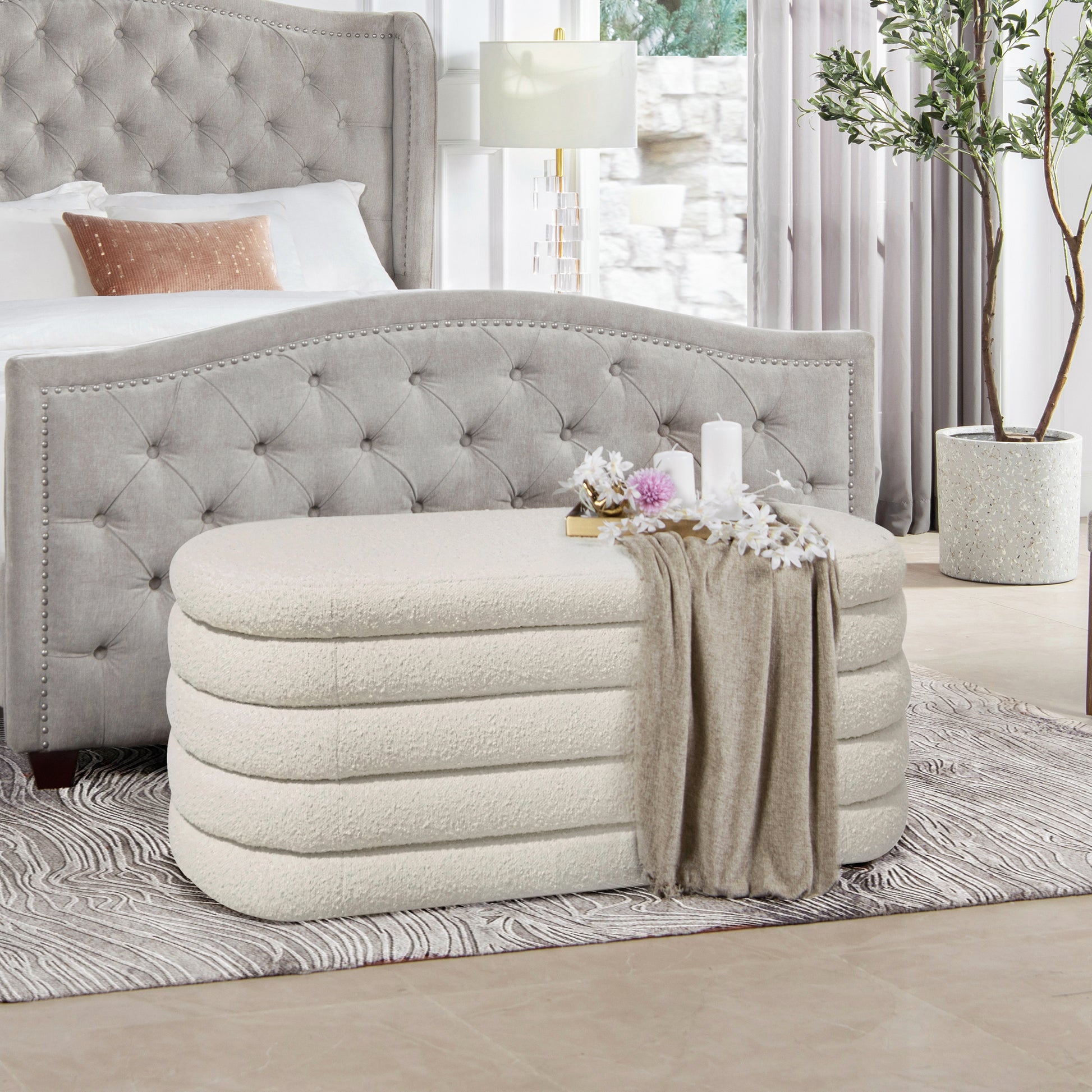 Fuji 49" Upholstered Oval Storage Bench, Ivory White Boucle White Foam Boucle