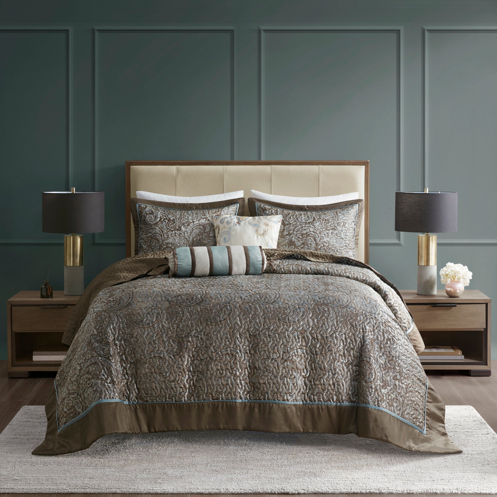 5 Piece Jacquard Bedspread Set With Throw Pillows Blue Brown Queen Queen Blue Brown Cotton