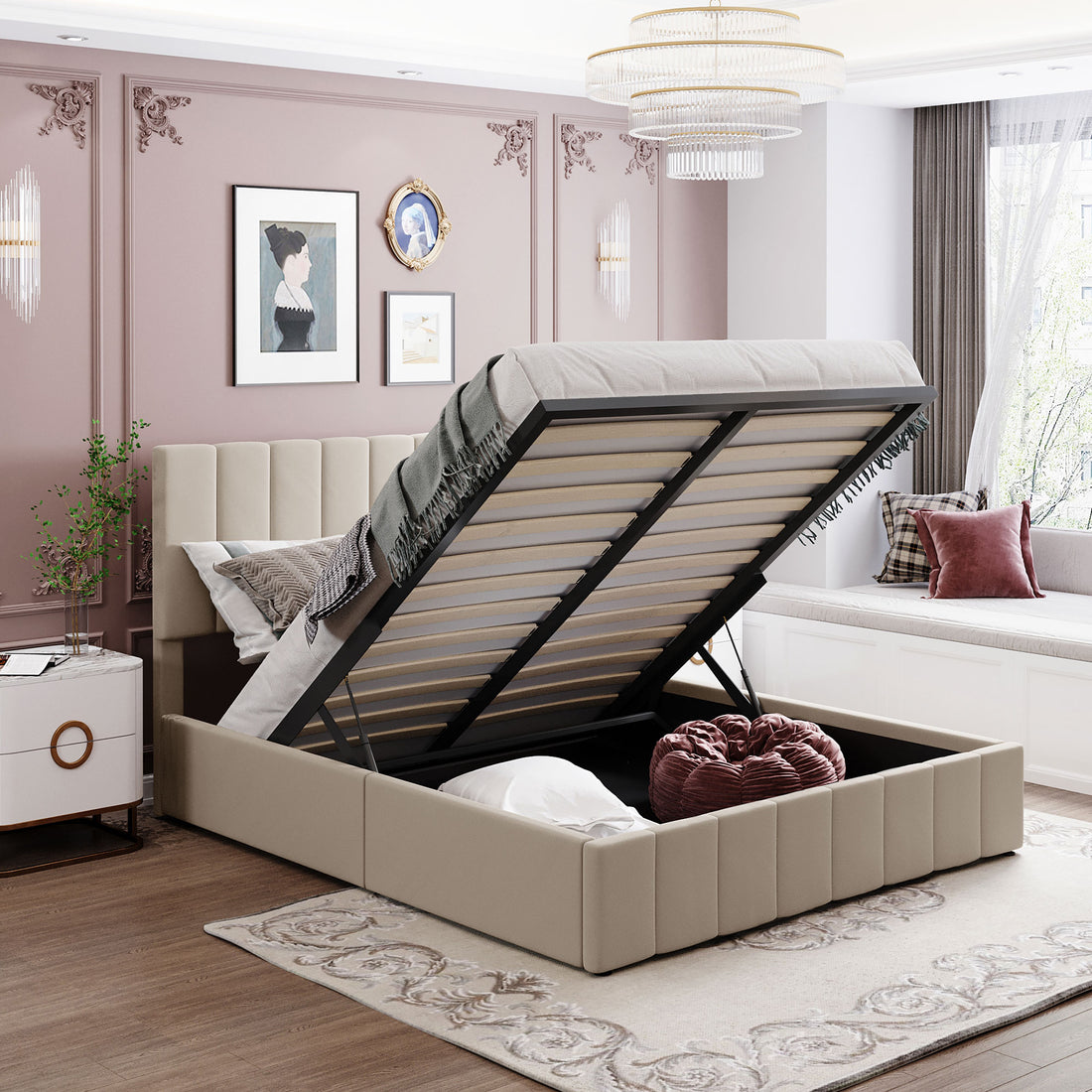Queen Size Upholstered Platform Bed With A Hydraulic Storage System Beige Old Sku: Lp000211Aaa Beige Upholstered