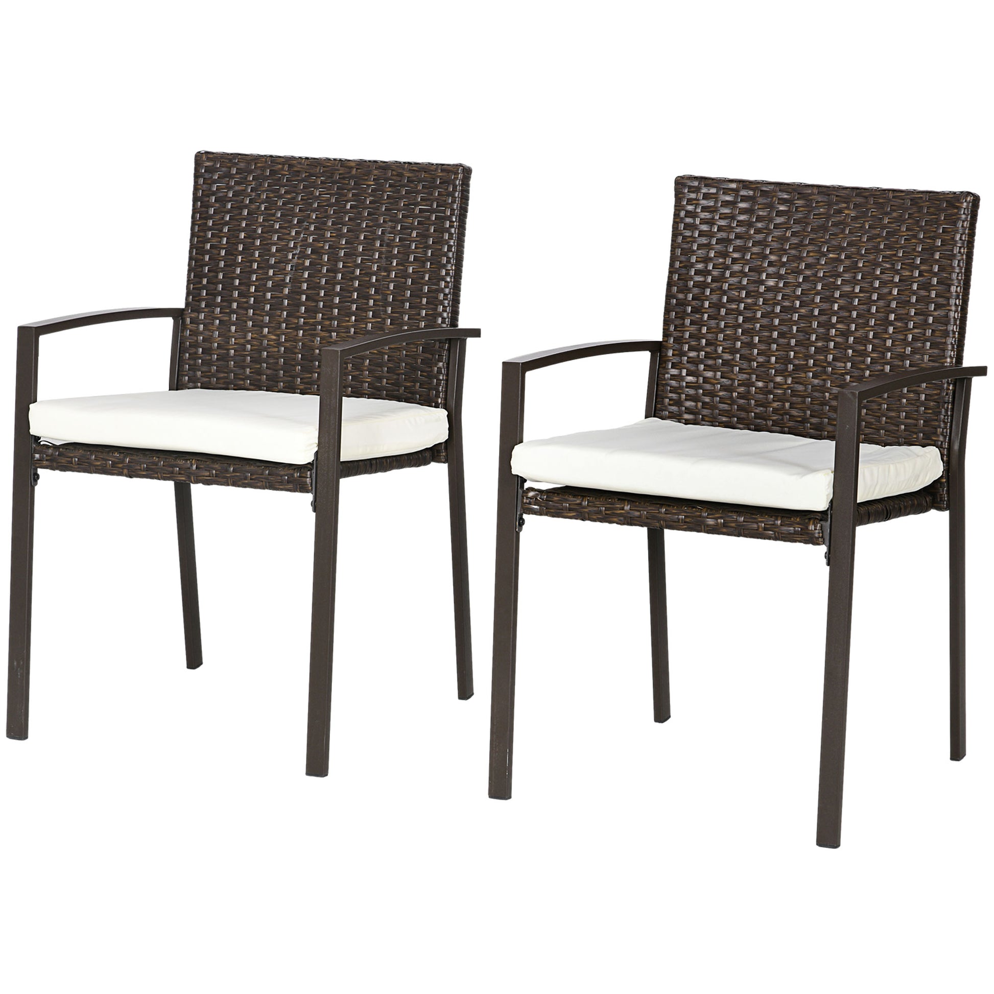 Outsunny 2 Piece Pe Rattan Outdoor Dining Chairs With Cushion, Patio Wicker Dining Chair Set With Backrest, Armrests For Patio, Deck, Garden, Cream White White Black Steel
