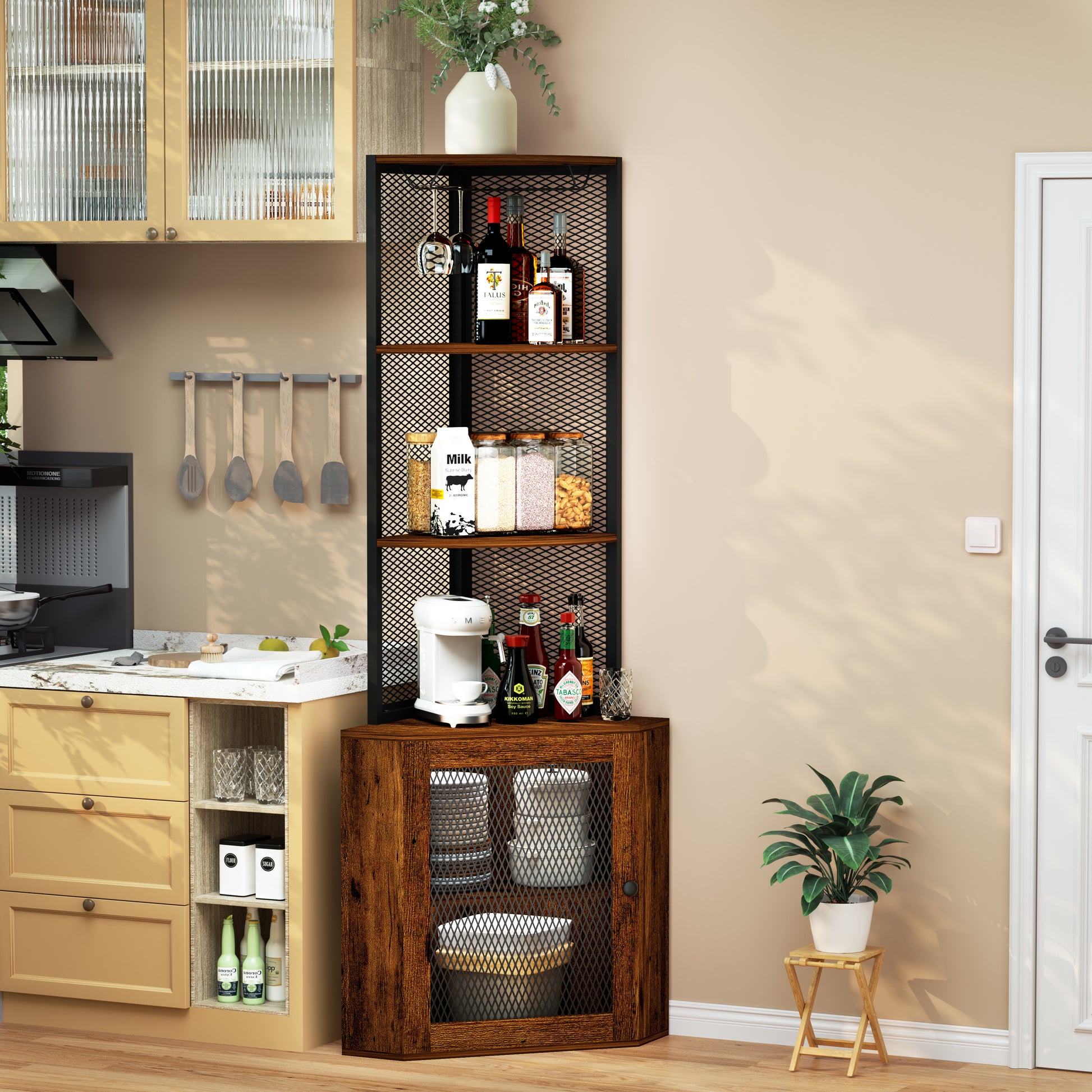 Corner Shelf With Doors, 65" Corner Cabinet With Shelves & Wine Glass Rack, 6 Tier Bookshelf Display Corner Shelves, Freestanding Corner Storage Stand For Kitchen, Living Room, Balcony Rustic Brown