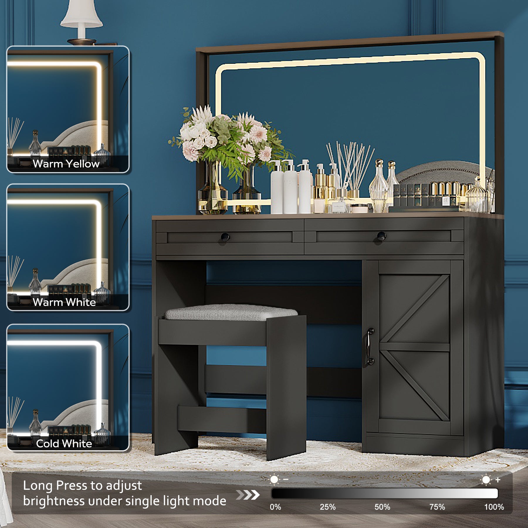 43.3"Makeup Vanity Table, Makeup Table With Large Mirror And Led Light Strip, Brightness Adjustable, Dressing Table Desk With 3 Drawers, Vanity Desk For Women Black With Stool Black Particle Board