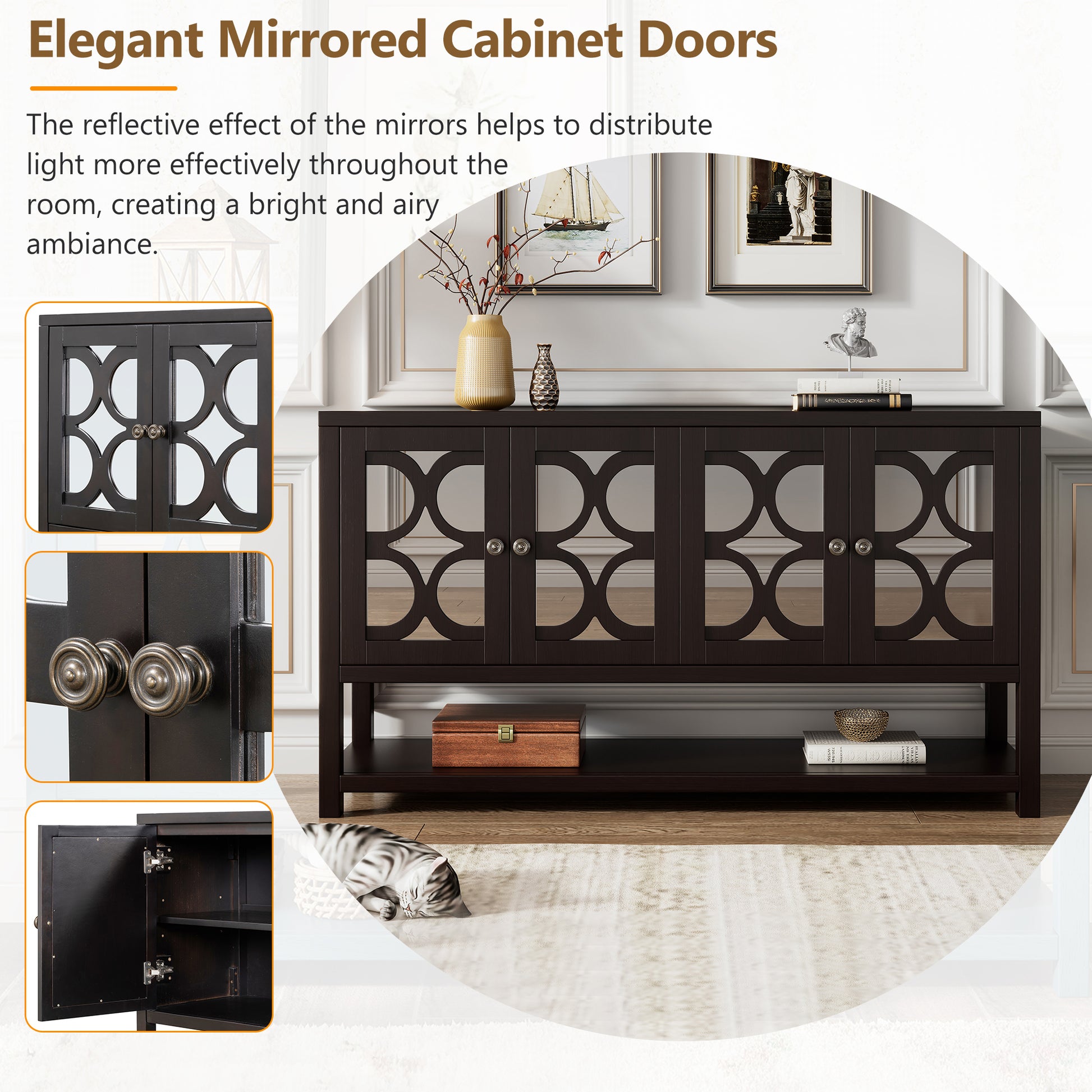 Elegant Retro Console Table Storage Cabinet Sideboard With Mirrored Doors, Spacious Shelves, And Durable Acacia Wood Legs Perfect For Living Room, Dining Room, Or Entryway Espresso Espresso Primary Living Space Solid Wood Mdf