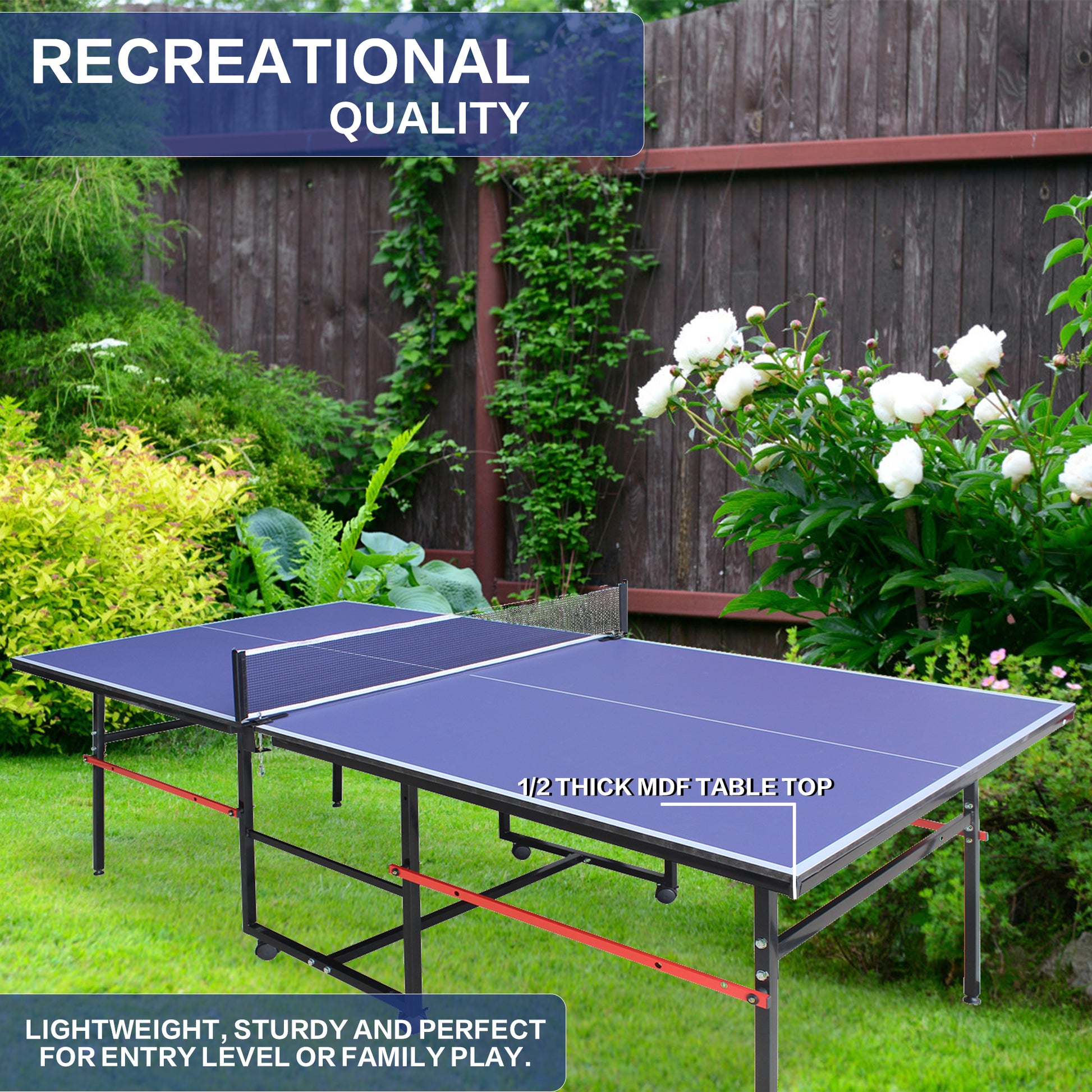 8Ft Mid Size Table Tennis Table, Foldable Ping Pong Table Blue Mdf