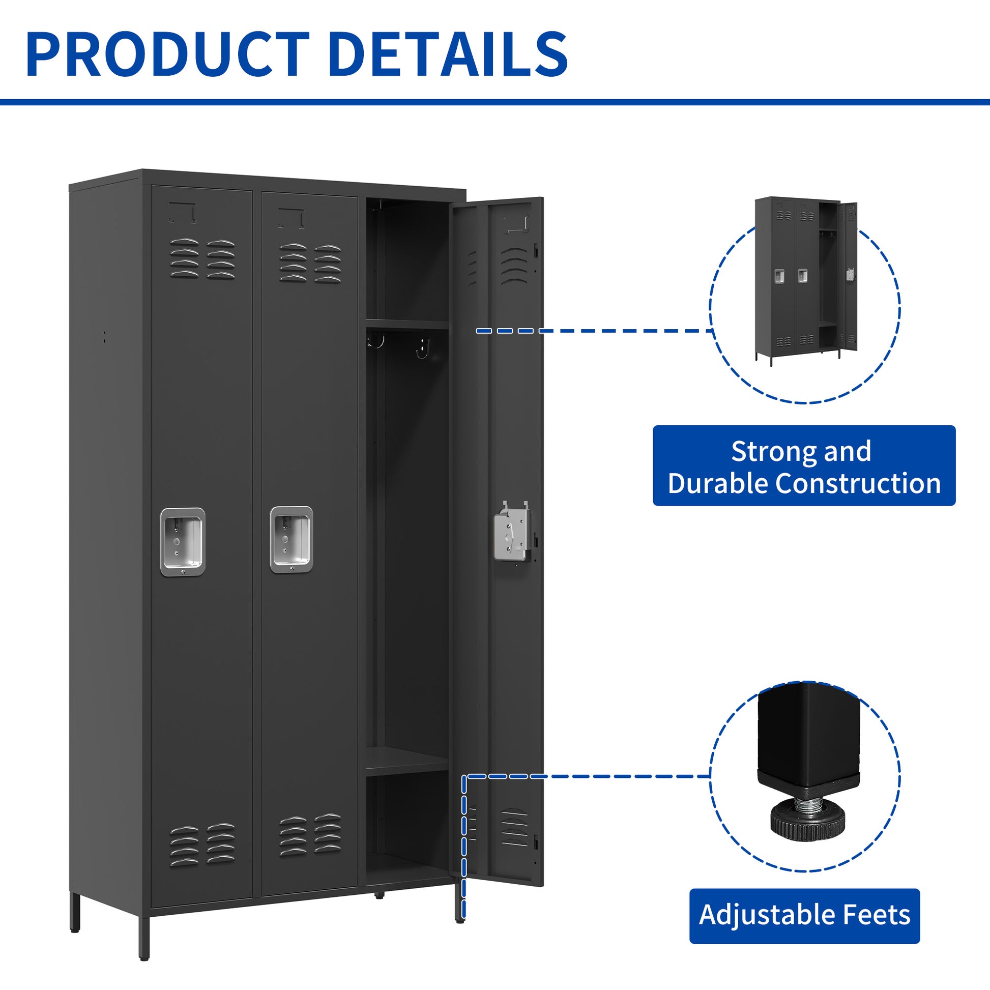 3 Door 72"H Metal Lockers With Lock For Employees,Storage Locker Cabinet For Home Gym Office School Garage,Black Freestanding 5 Or More Spaces Black Gym Door Locks Modern Metal Metal