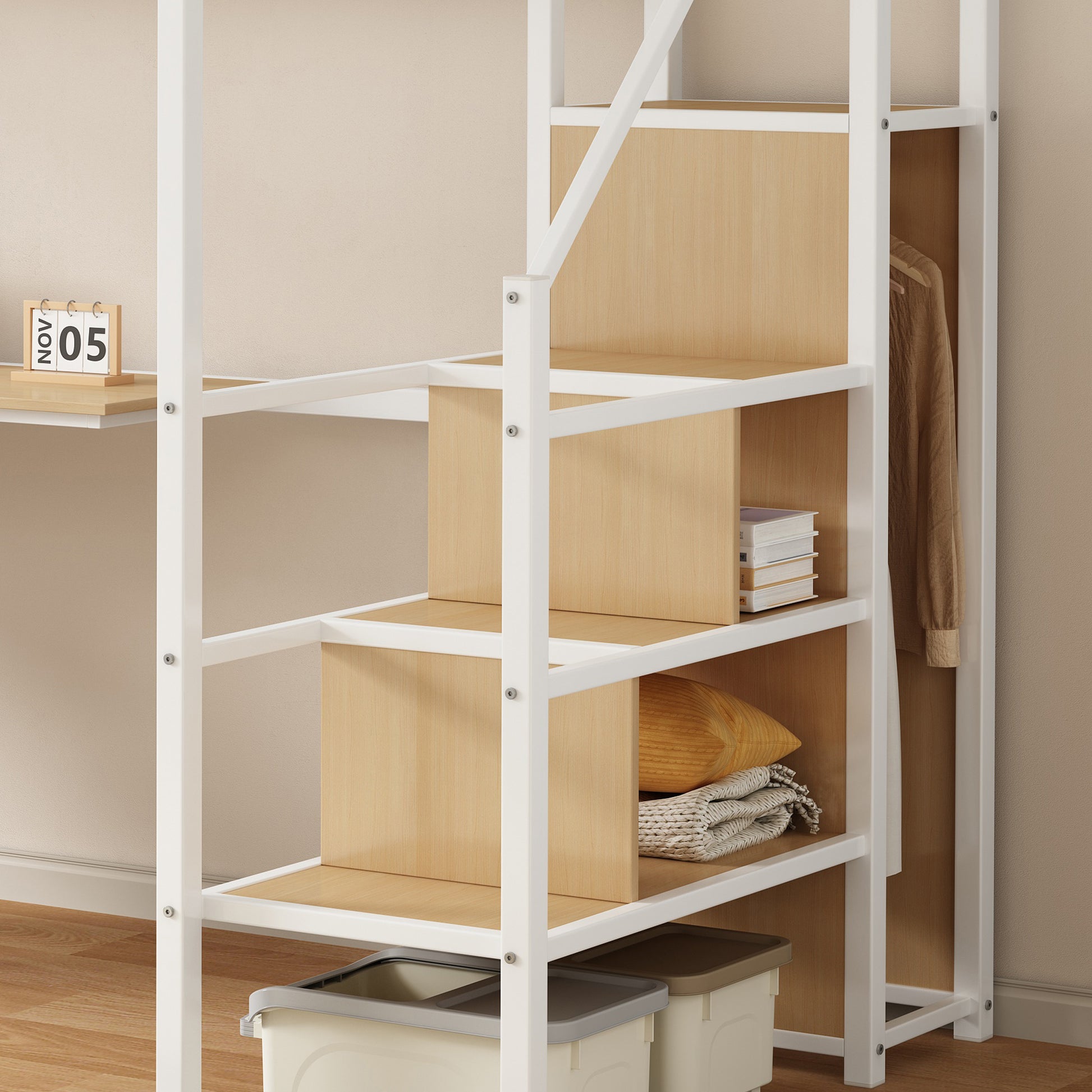 Twin Loft Bed With Desk And Storage Wardrobe, Heavy Duty Loft Bed With Stairs And Metal Grid, Twin Size Loft Bed, No Box Spring Needed, White Loft Bed Twin Size White Box Spring Not Required Twin