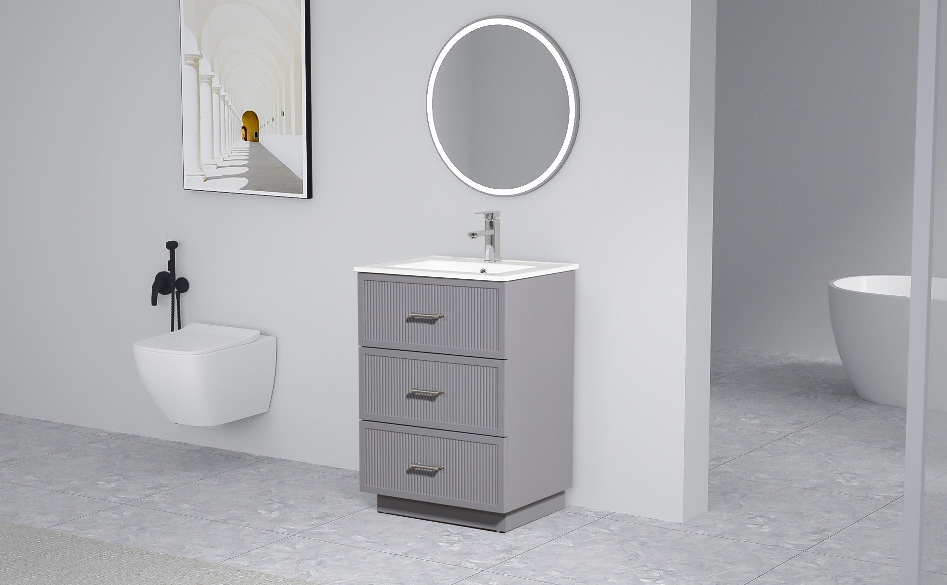 24 Inch Bathroom Vanity With Ceramic Sink Set, Modern Freestanding Bathroom Storage Cabinet With 2 Drawers, Floor Standing Bath Vanity Combo, Gray Grey Mdf