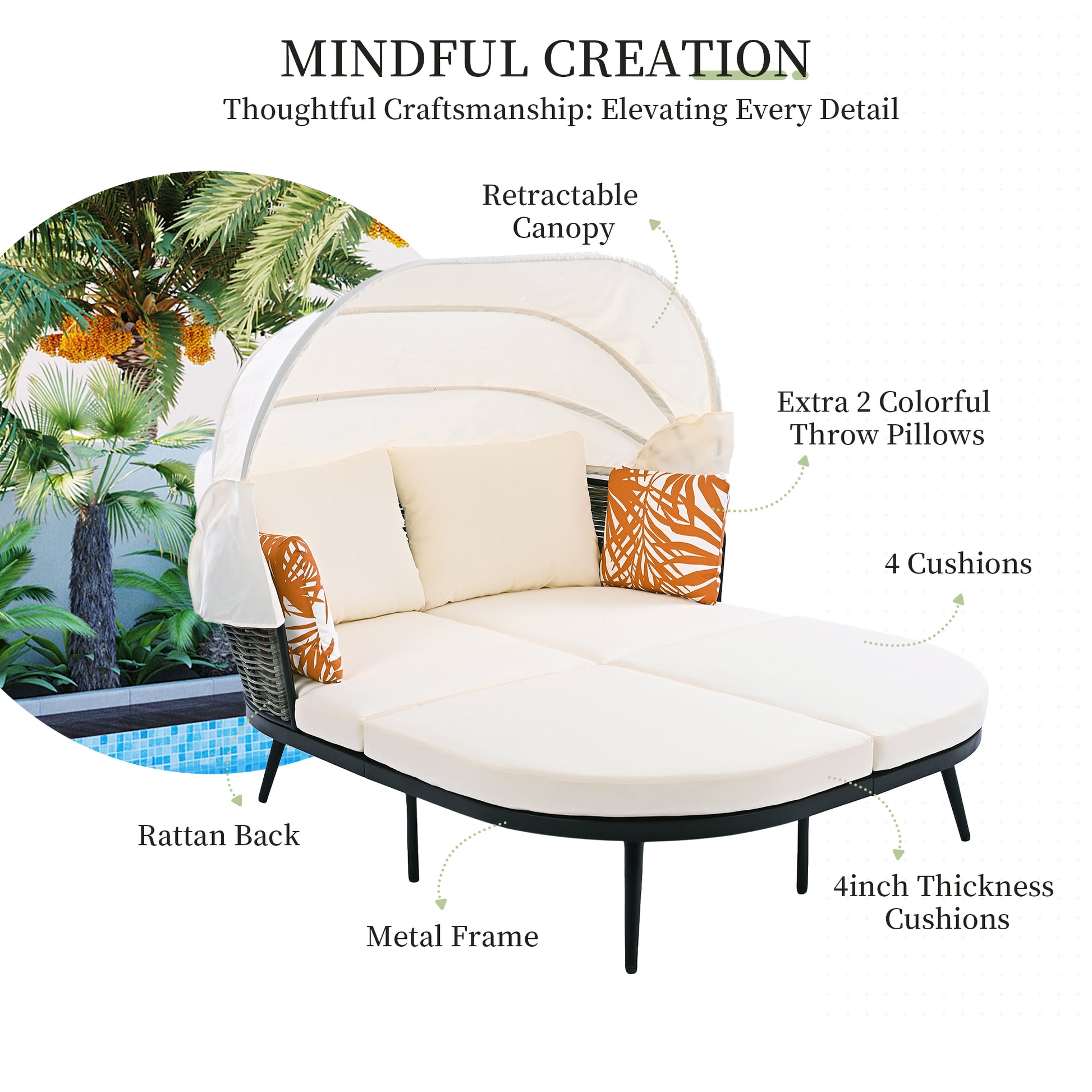74.8" L Patio Daybed With Retractable Canopy, Outdoor Rattan Pe Wicker Back Loveseat Sofa Set With Throw Pillows And Cushions For Backyard, Poolside, Garden, Beige Yes Lounge Beige Weather Resistant Frame Water Resistant Cushion Garden & Outdoor Complete