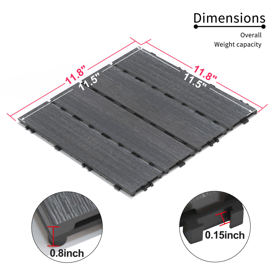 Patio Floor Tiles Pack Of 11 Wpc Wood Plastic Composite Patio Deck Tiles Diy Interlocking Decking Tiles, Quick Deck Floor Tile, Court Tile, Water Resistant Indoor Outdoor 11.8" Ash Dark Gray Plastic