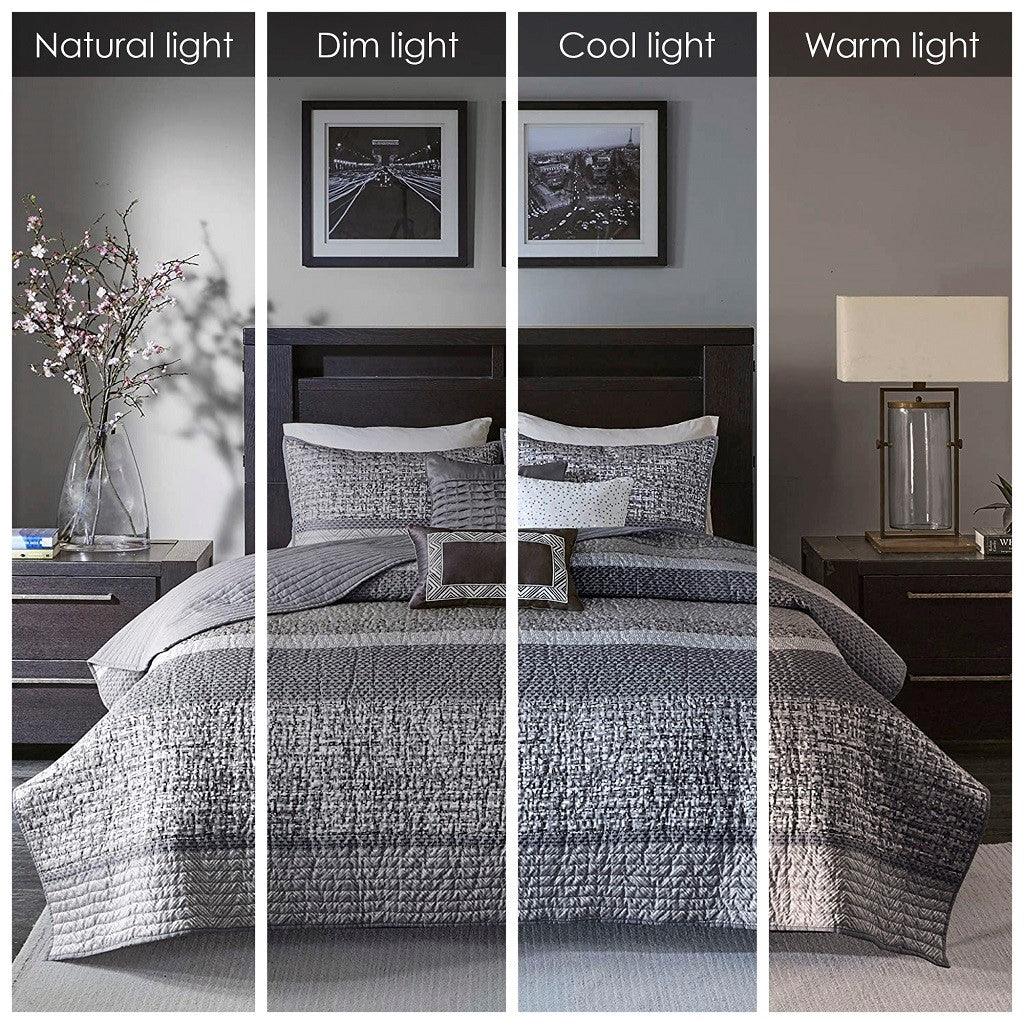 6 Piece Reversible Jacquard Quilt Set With Throw Pillows Grey Taupe King Cal King Grey Taupe Cotton