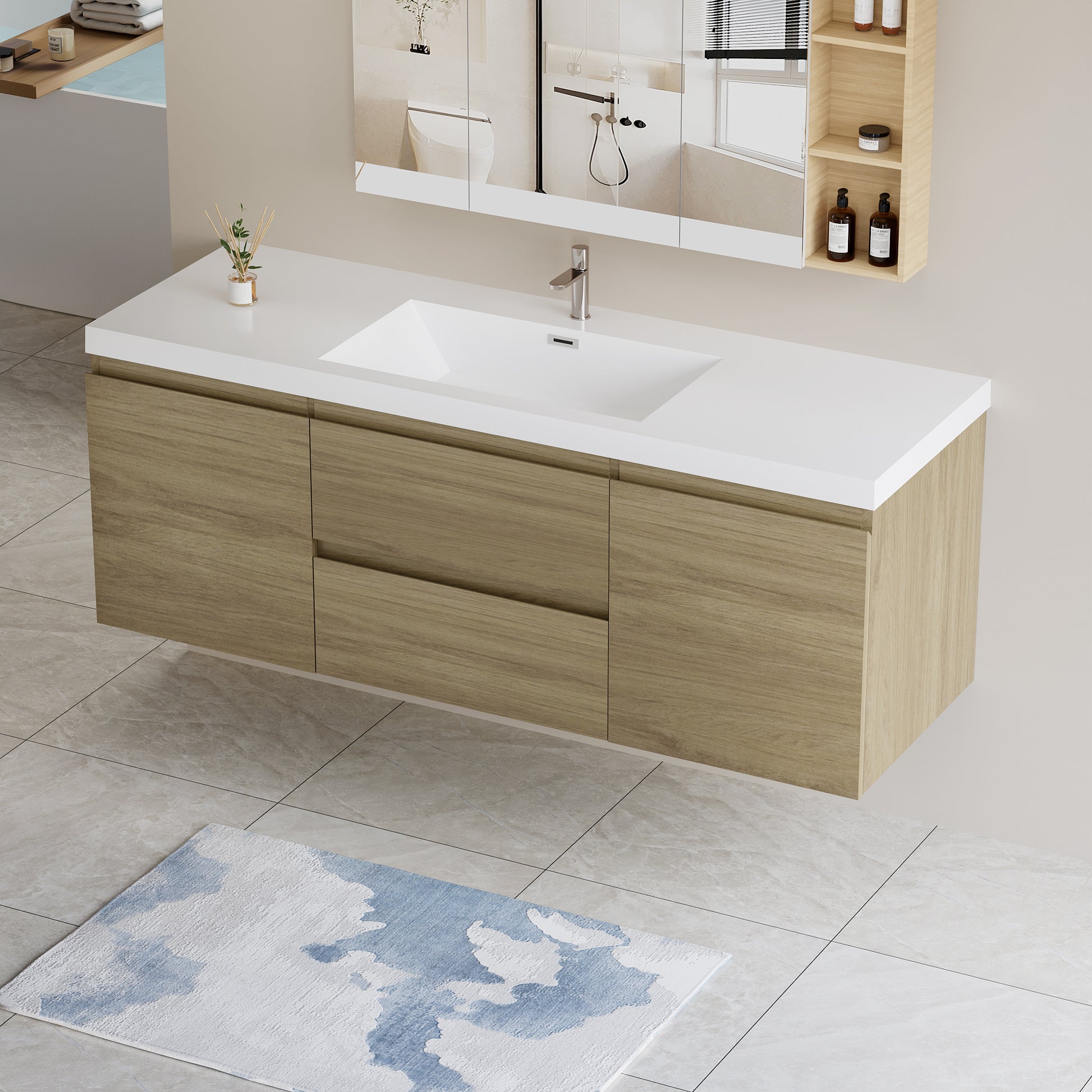 60" Floating Bathroom Vanity With Sink, Modern Wall Mounted Bathroom Storage Vanity Cabinet With Resin Top Basin And Soft Close Drawers, Natural Oak 24V11 60Sno 2 Oak 2 Bathroom Wall Mounted Melamine