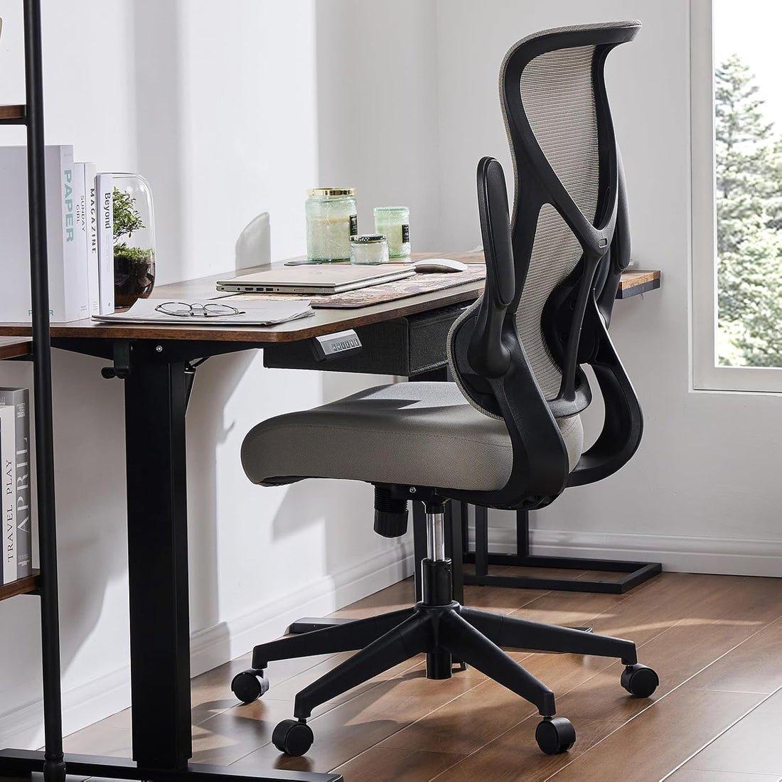 Ergonomic Computer Mesh Chair With Flip Up Armrests,Lumbar Support, Backrest For Home Office, Grey Grey Metal