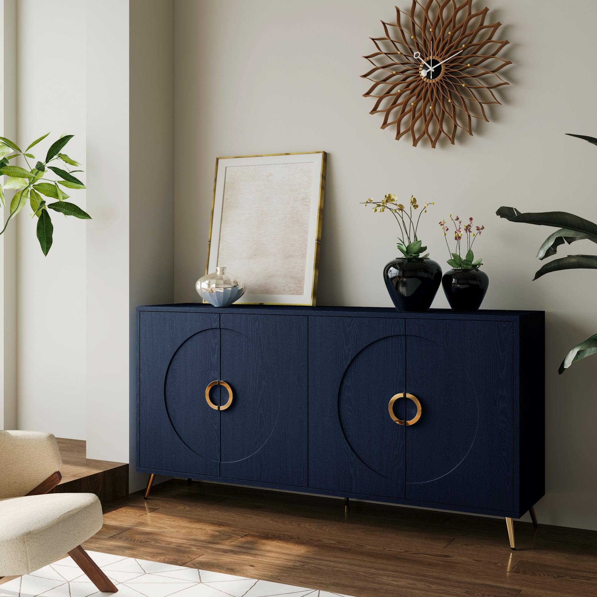 Modern Lacquered 4 Door Wooden Cabinet Sideboard Buffet Server Cabinet Storage Cabinet, For Living Room, Entryway, Hallway, Office, Kitchen And Dining Room, Navy Blue Lacquered Navy Blue Adjustable Shelves Engineered Wood
