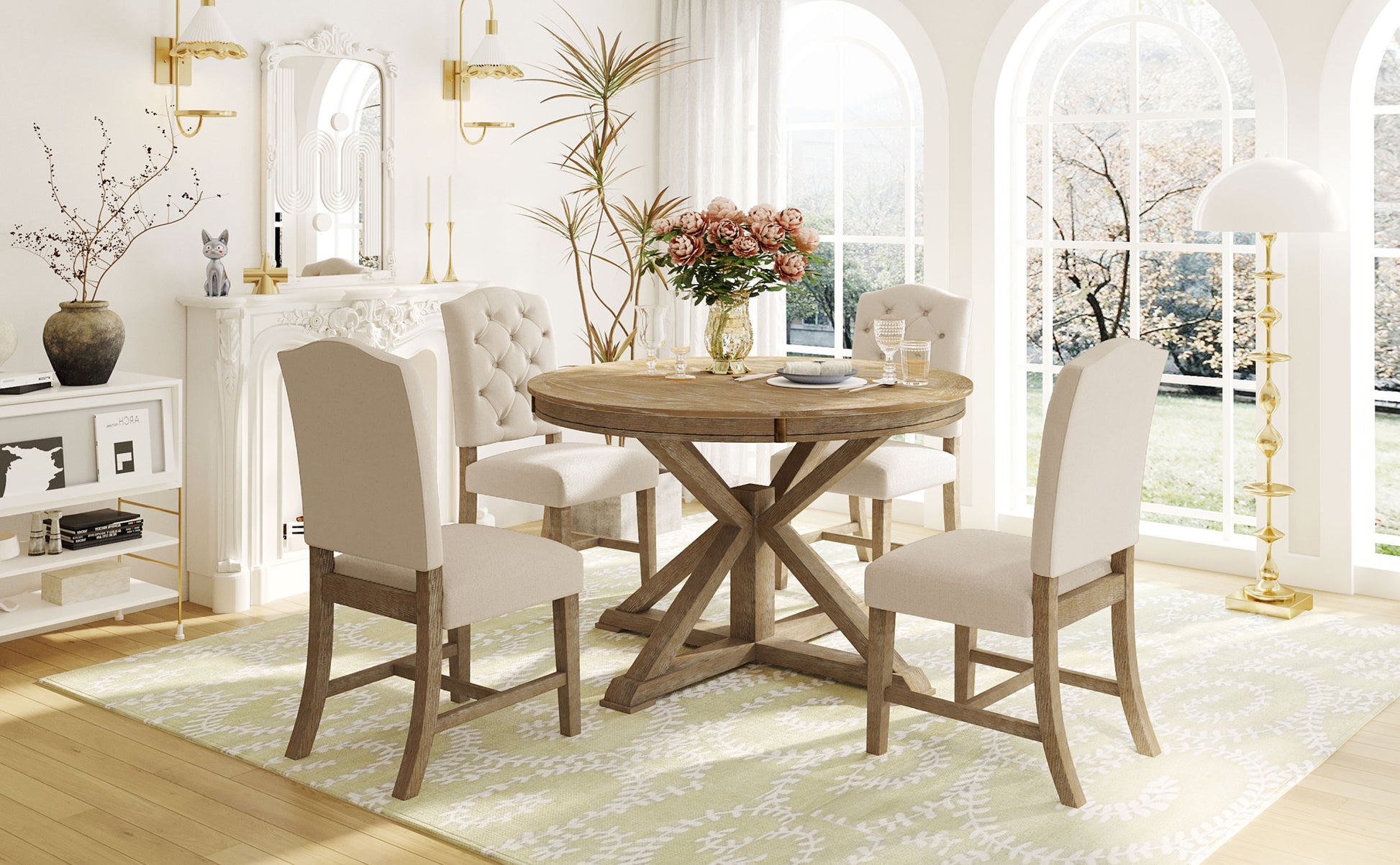 Functional Furniture Retro Style Dining Table Set With Extendable Table And 4 Upholstered Chairs For Dining Room And Living Room Natural Wood Wash Natural Wood Wash Solid Wood