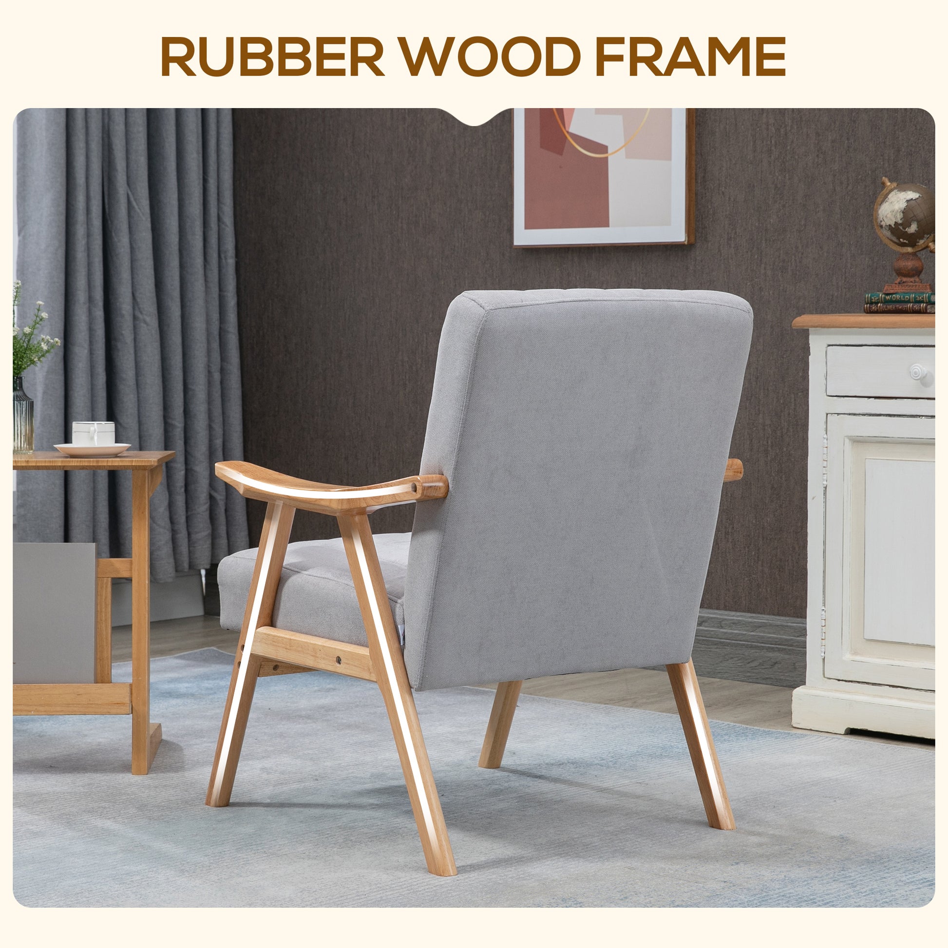 Homcom Mid Century Modern Accent Chair, Upholstered Arm Chair For Living Room, Comfy Chair For Bedroom With Wood Legs, Gray Light Gray Rubber Wood