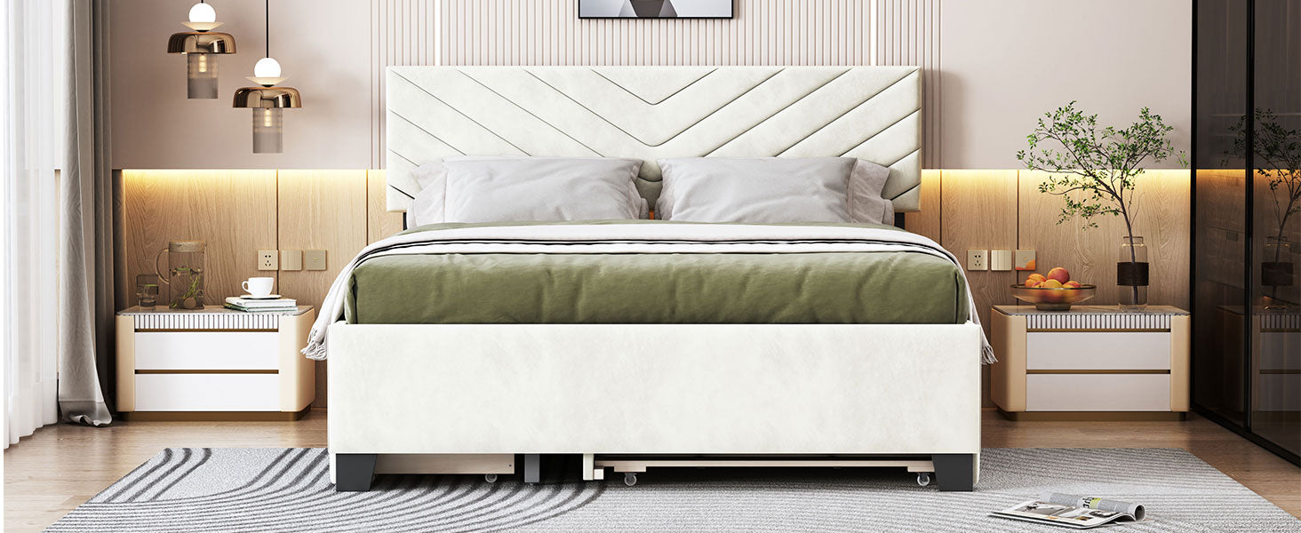 Queen Size Upholstered Platform Bed With Twill Headboard, Pullout Bed And Two Drawers, Flannel, Beige Queen Beige Mdf Lvl