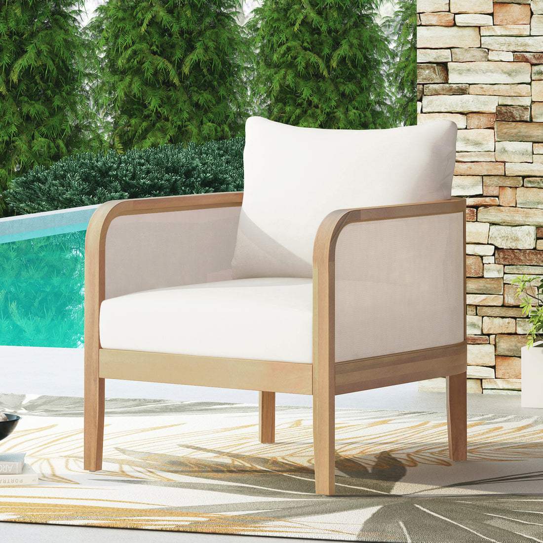 Outdoor Acacia Wood Patio Club Chair, Textilene Patio Furniture,Waterproof Thick Cushion Deep Seating For Porch, Garden, Backyard, Balcony, Weight Capacity 400Lbs, Light Teak Finish, Beige Yes Deep Seating Light Teak Garden & Outdoor Foam Acacia Wood