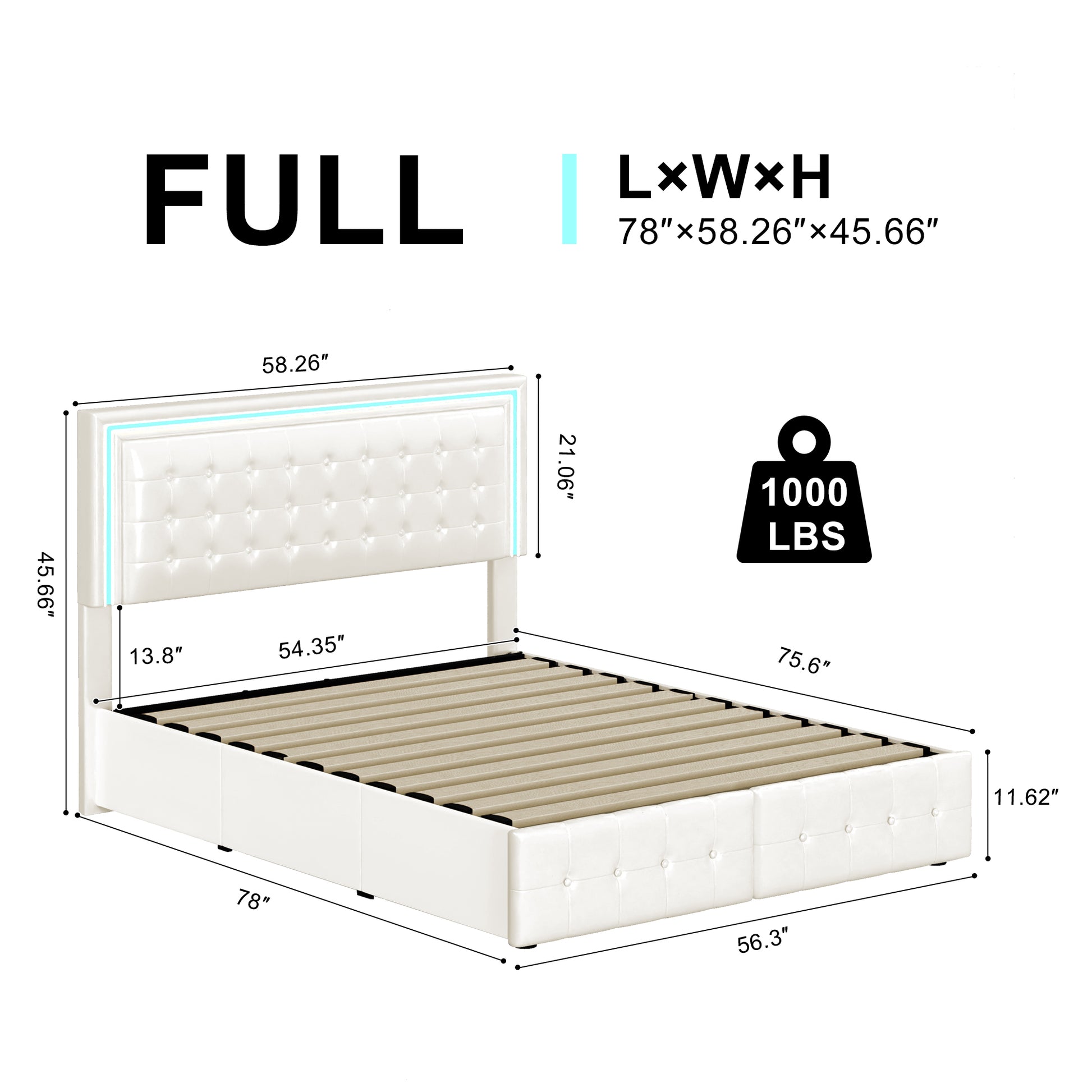 Full Size Led Bed Frame With 4 Storage Drawers, Smart Control Rgb Led Lights On Headboard,With Remote Control, Upholstered Adjustable Headbaord,Pu Leather White Pu Mdf Metal