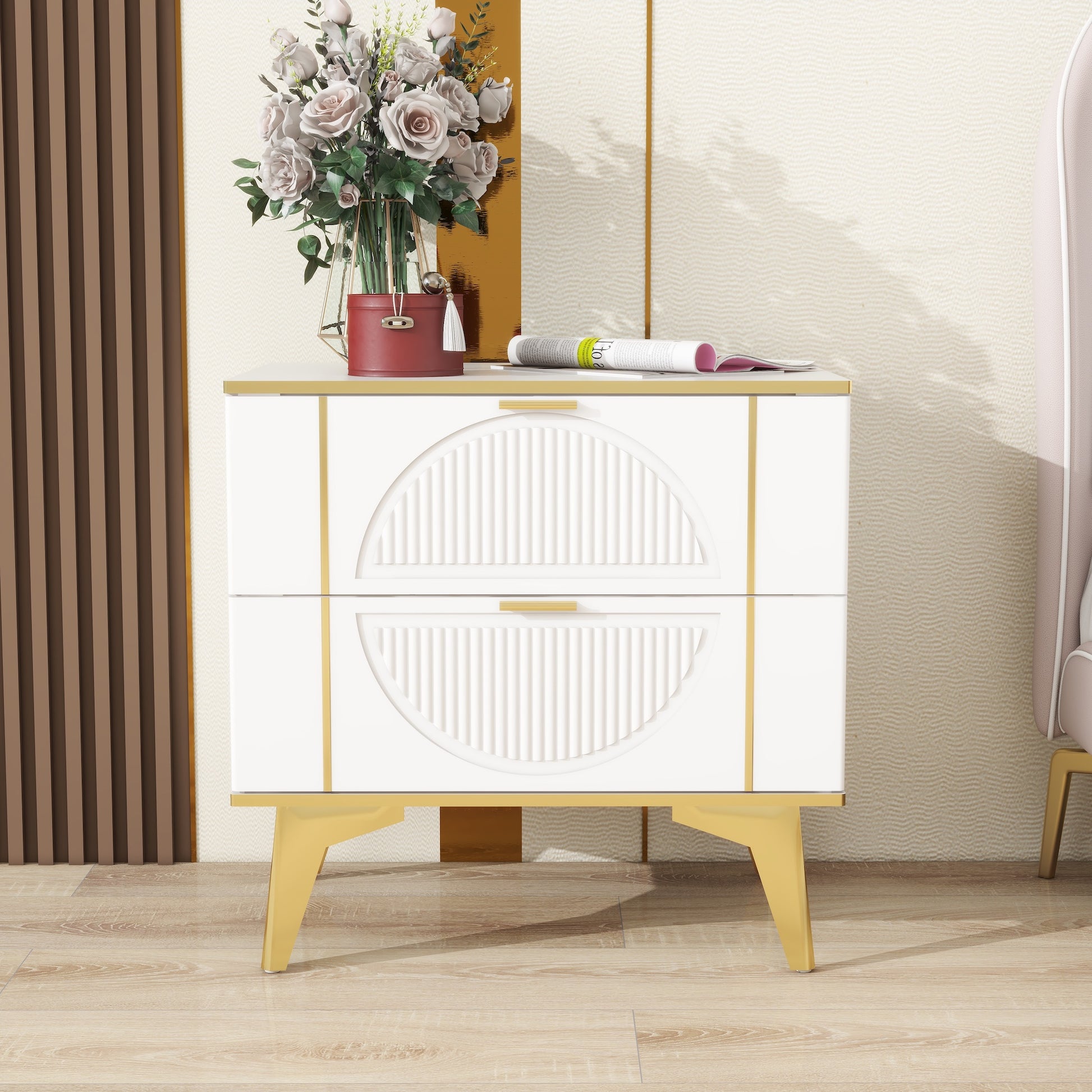 Two Pack White 2 Drawer Round Card Gold Bar Blister Nightstand White Wood