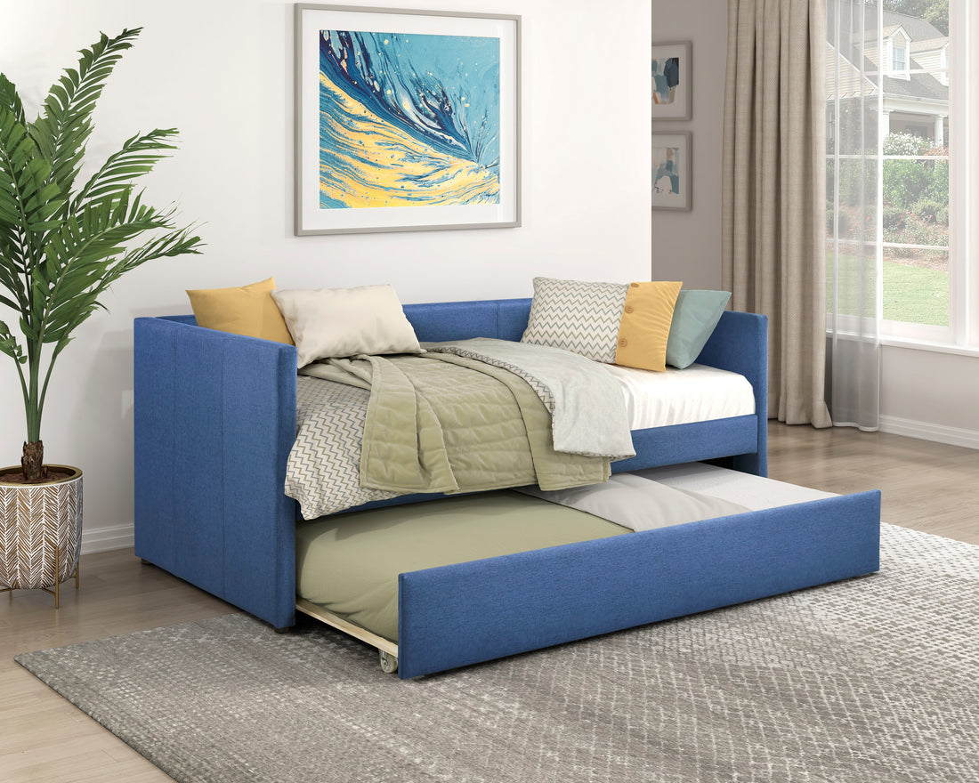 1Pc Daybed With Trundle Blue Fabric Upholstery Wooden Frame Modern Home Furniture Box Spring Not Required Blue Wood Primary Living Space Modern,Transitional Polyester Engineered Wood,Wood