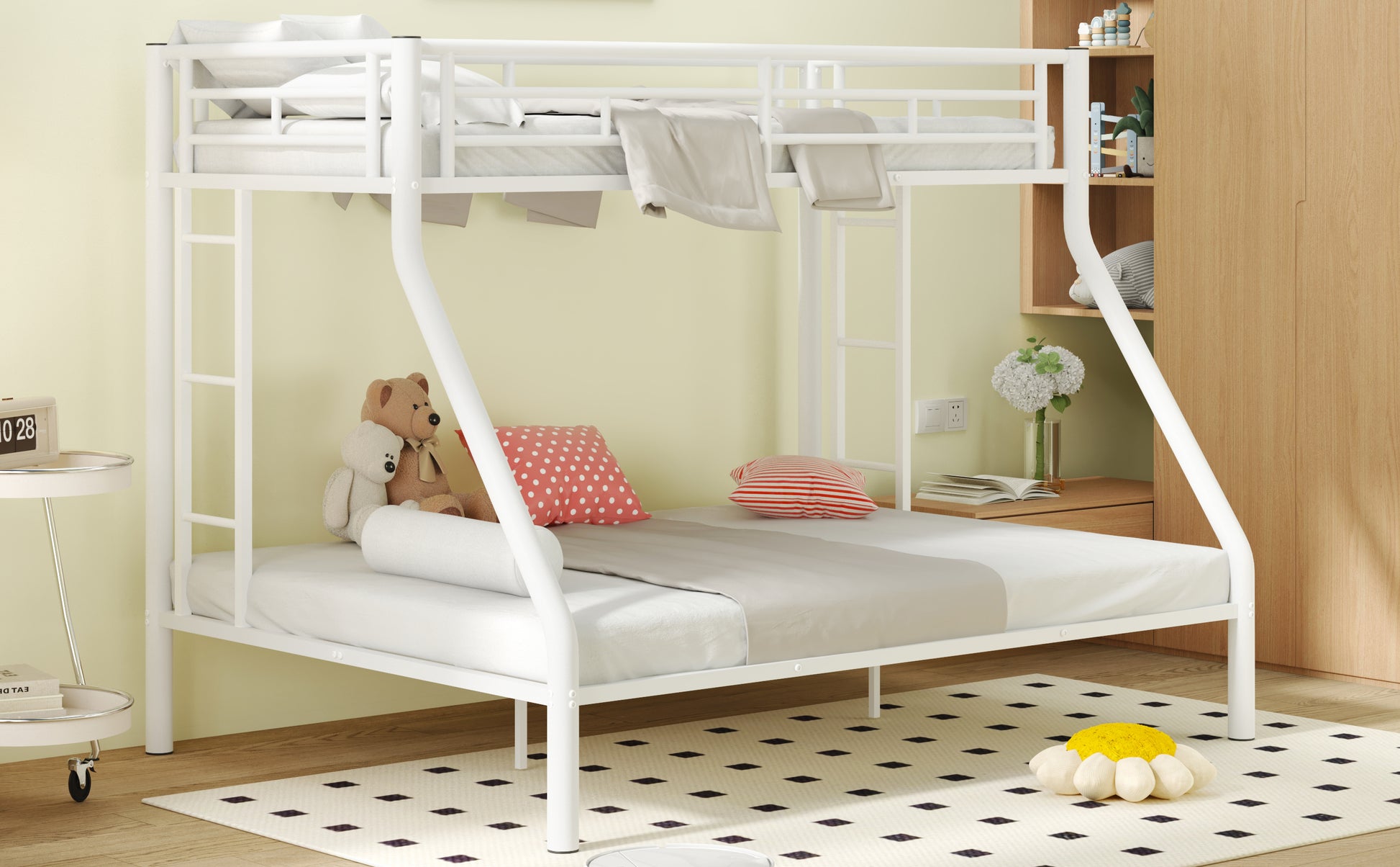 Twin Xl Over Queen Metal Bunk Bed With Ladder And Guardrails, White Box Spring Not Required Twin Xl White Metal Metal